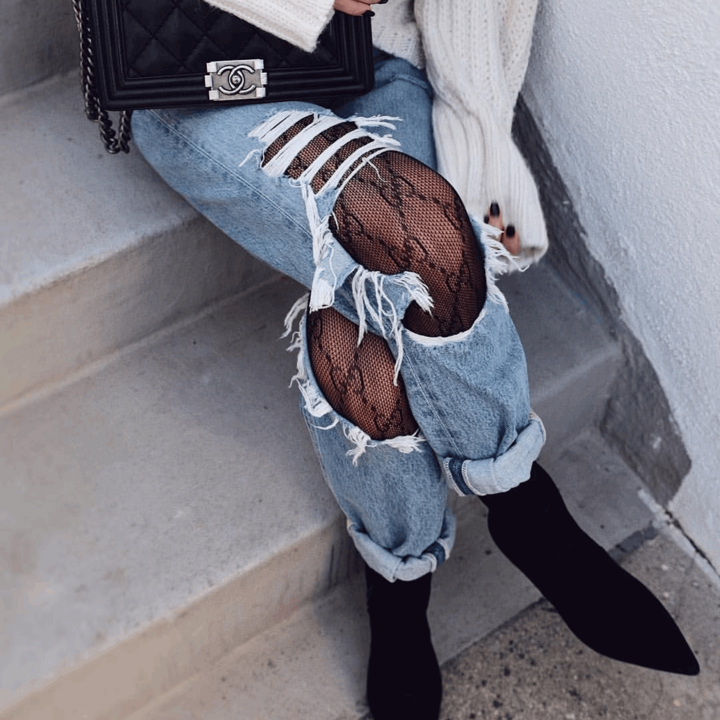 Fashion Pantyhose Black G Pattern Knitted Design (One Size Fits All)