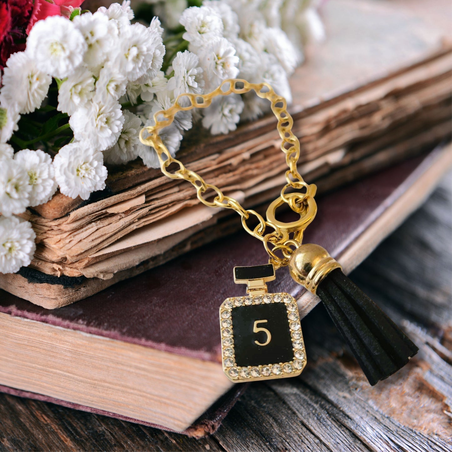 Black Rhinestone Perfume Charm Bracelet