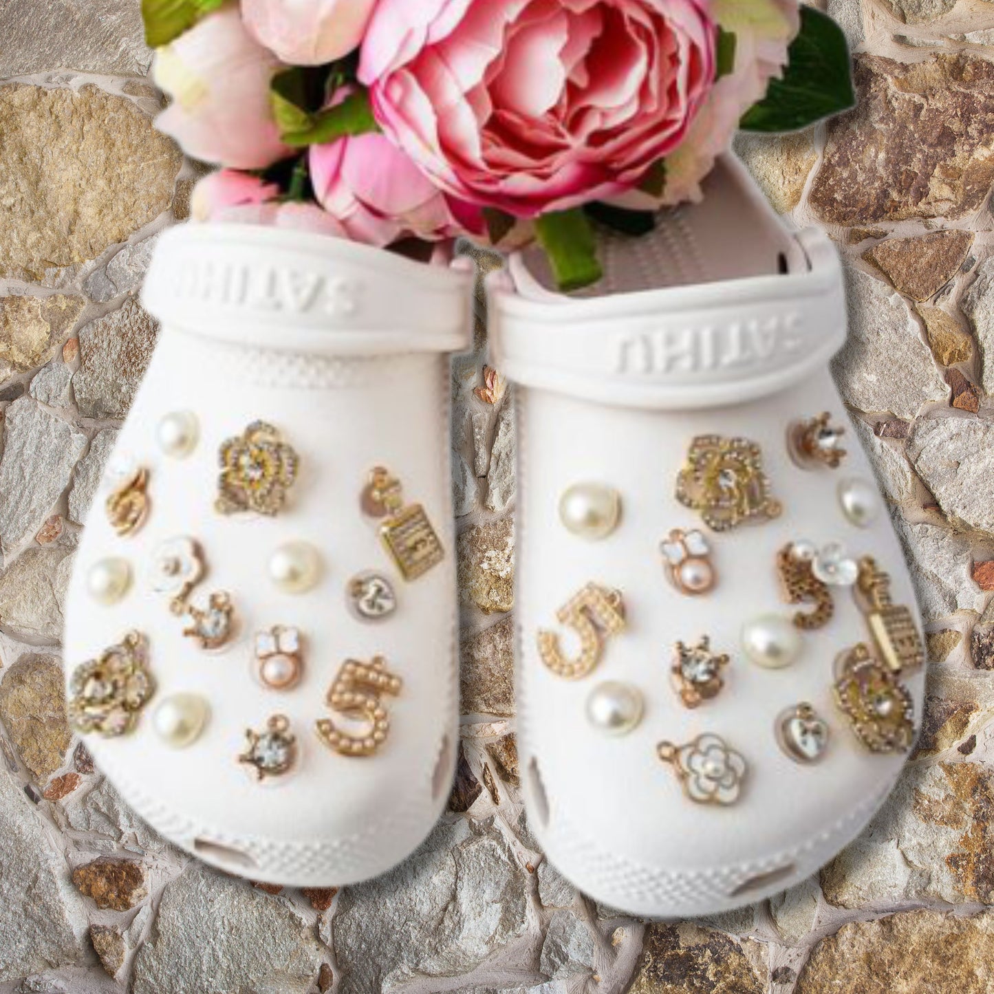 Luxury Gold & White Wedding Bling Shoe Charms