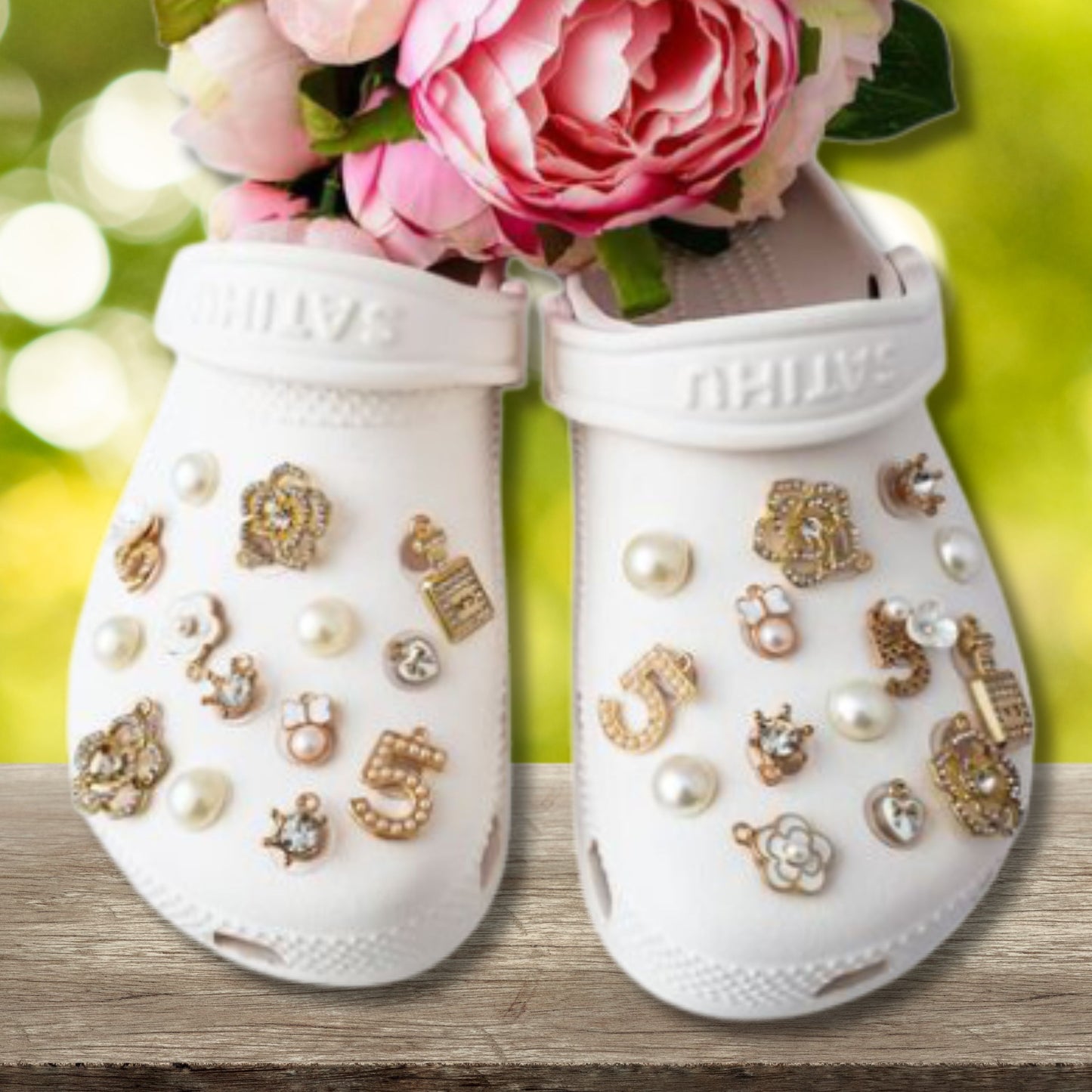 Luxury Gold & White Wedding Bling Shoe Charms