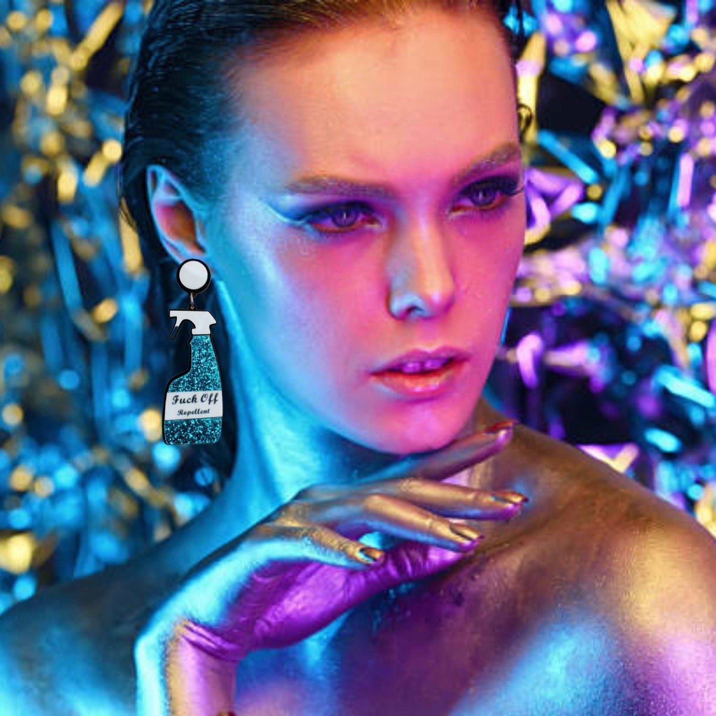 Blue F*ck Off Sparkly Retro Multicolored Statement Fashion Earrings