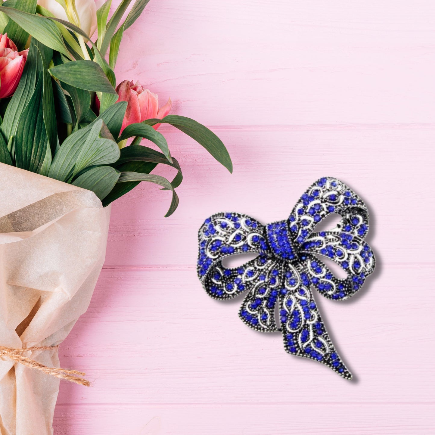 Blue Rhinestone Bow Statement Fashion Brooch