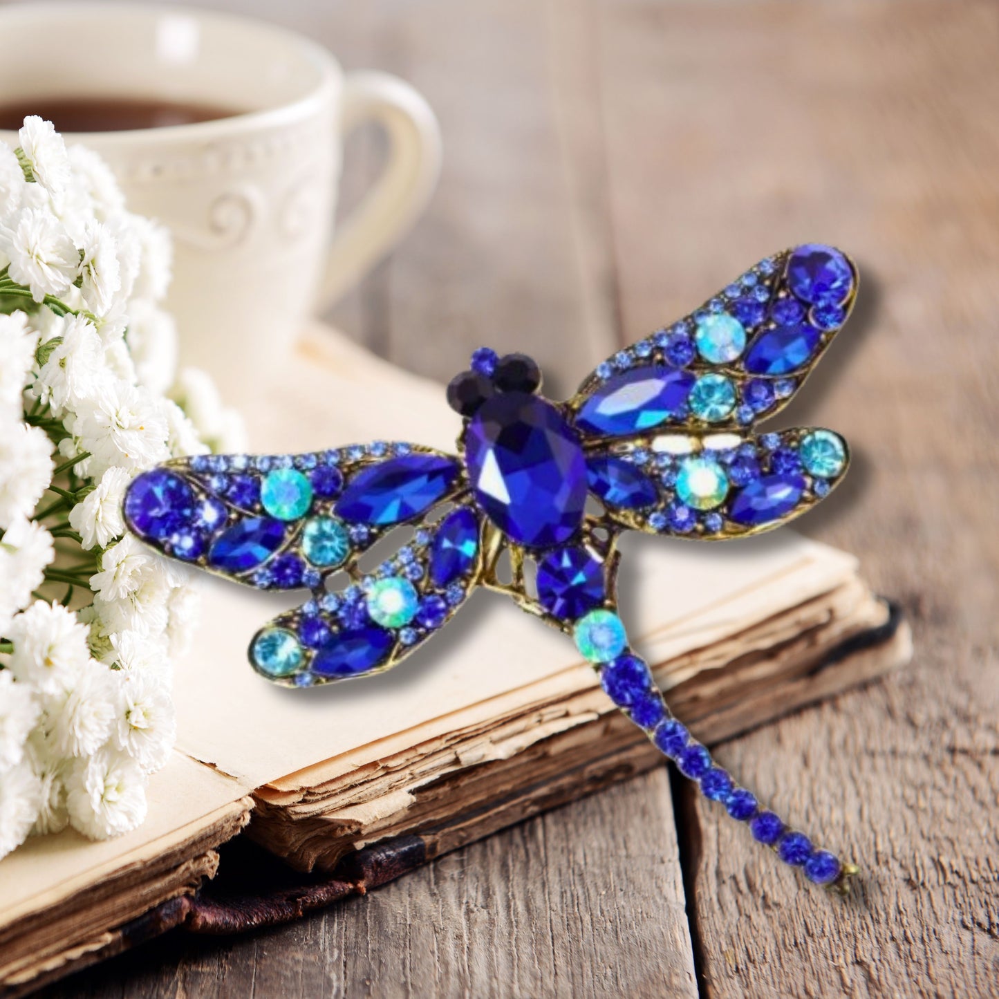 Blue Rhinestone Dragonfly Brooch