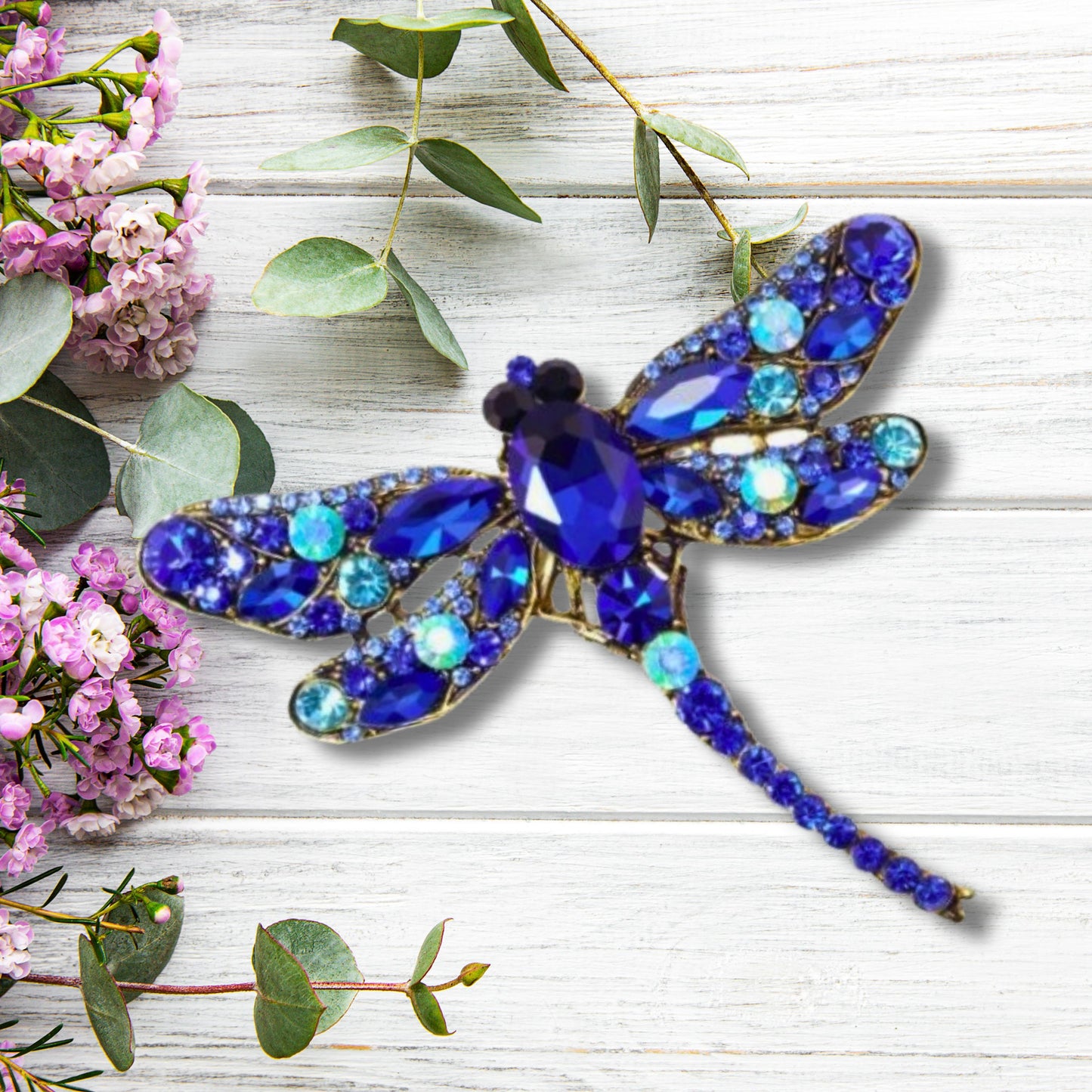 Blue Rhinestone Dragonfly Brooch