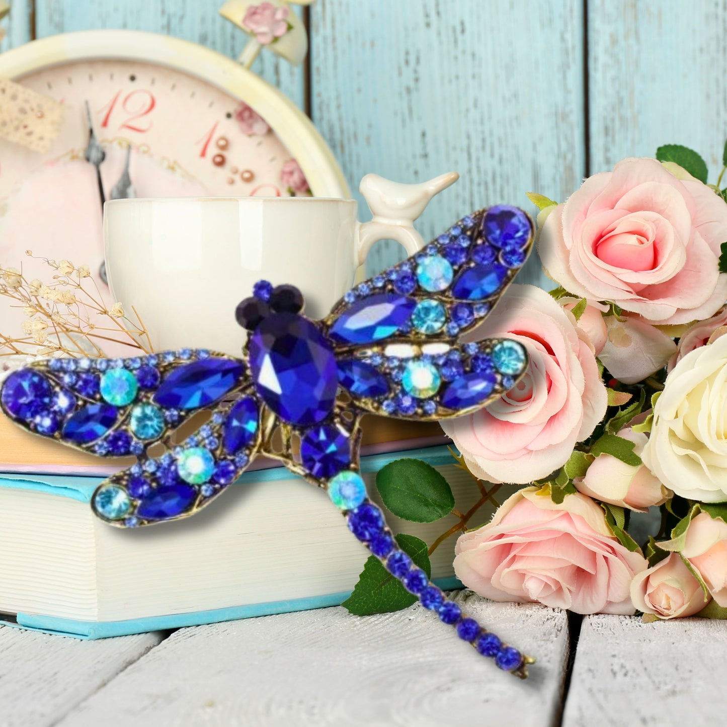 Blue Rhinestone Dragonfly Brooch
