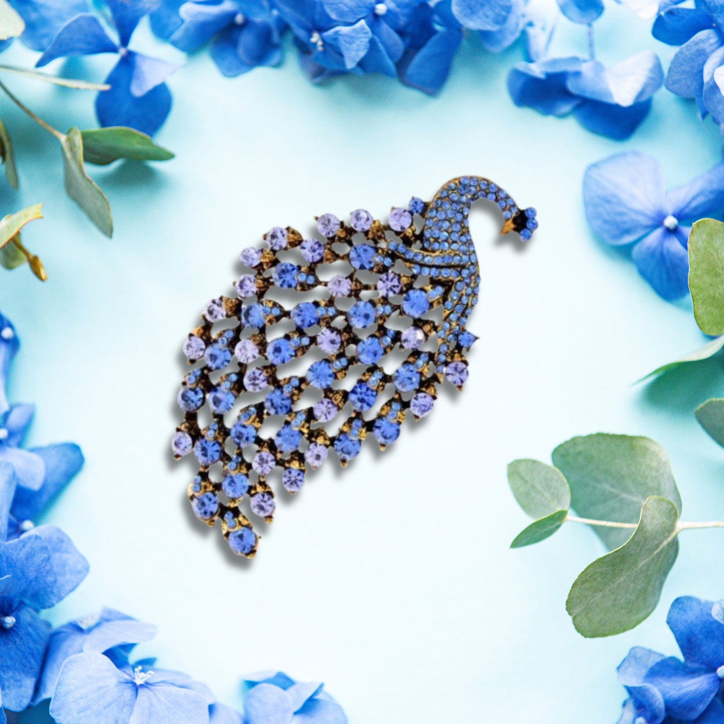 Blue Peacock Rhinestone Brooch