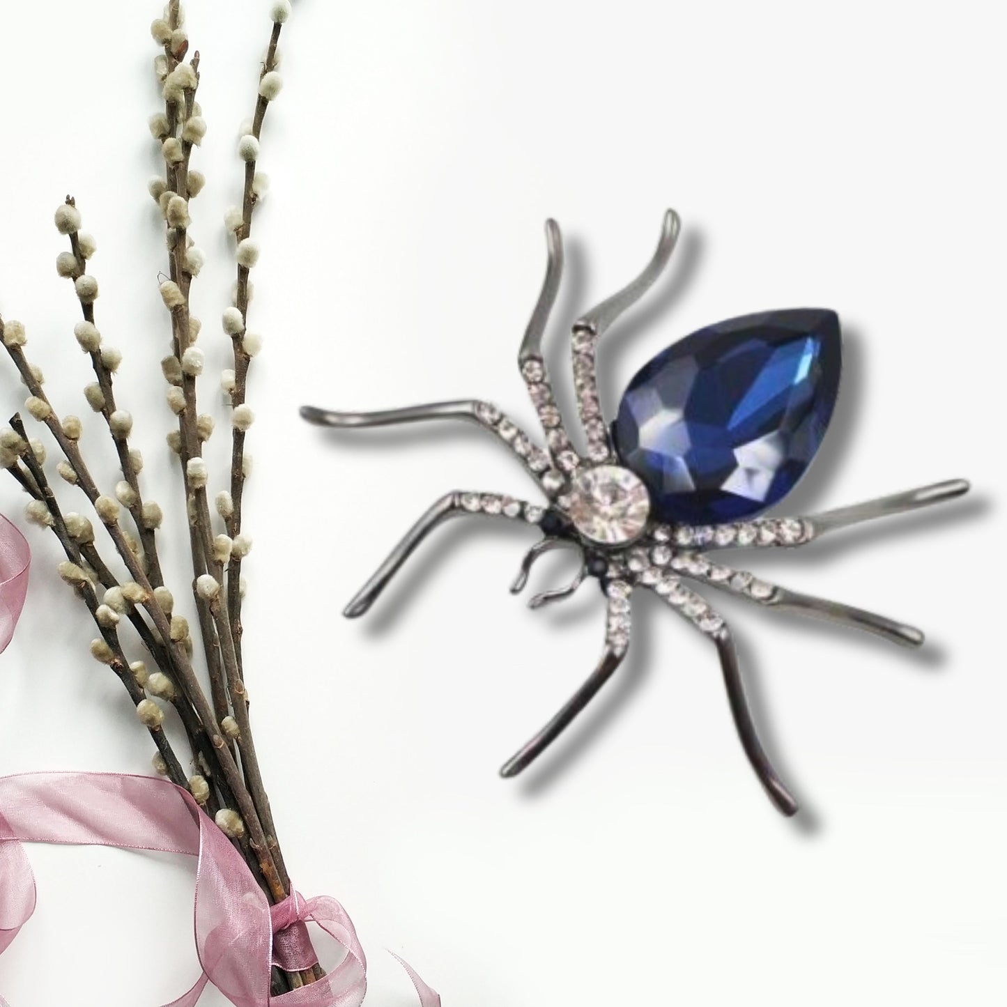 Blue Rhinestone Spider Statement Brooch