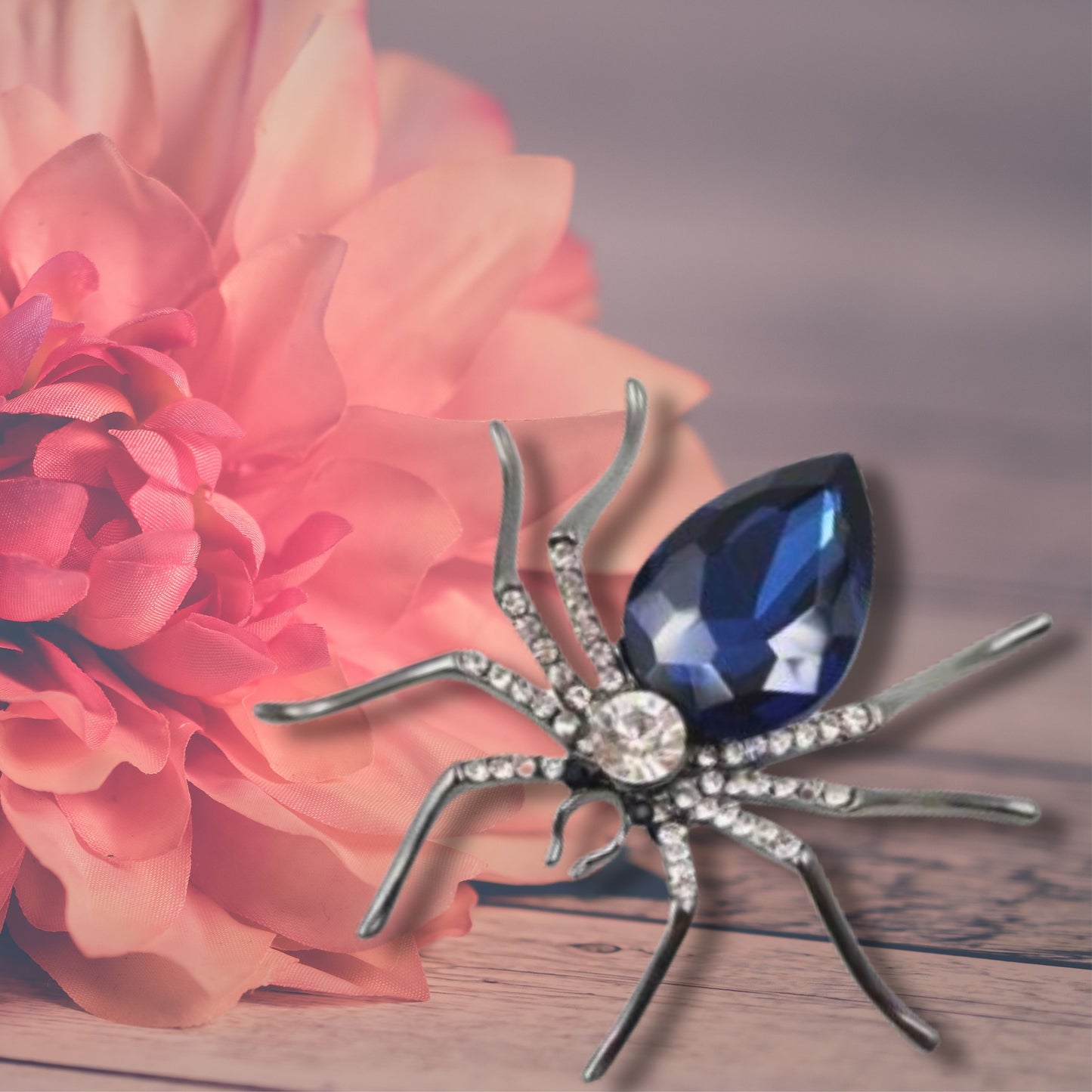 Blue Rhinestone Spider Statement Brooch
