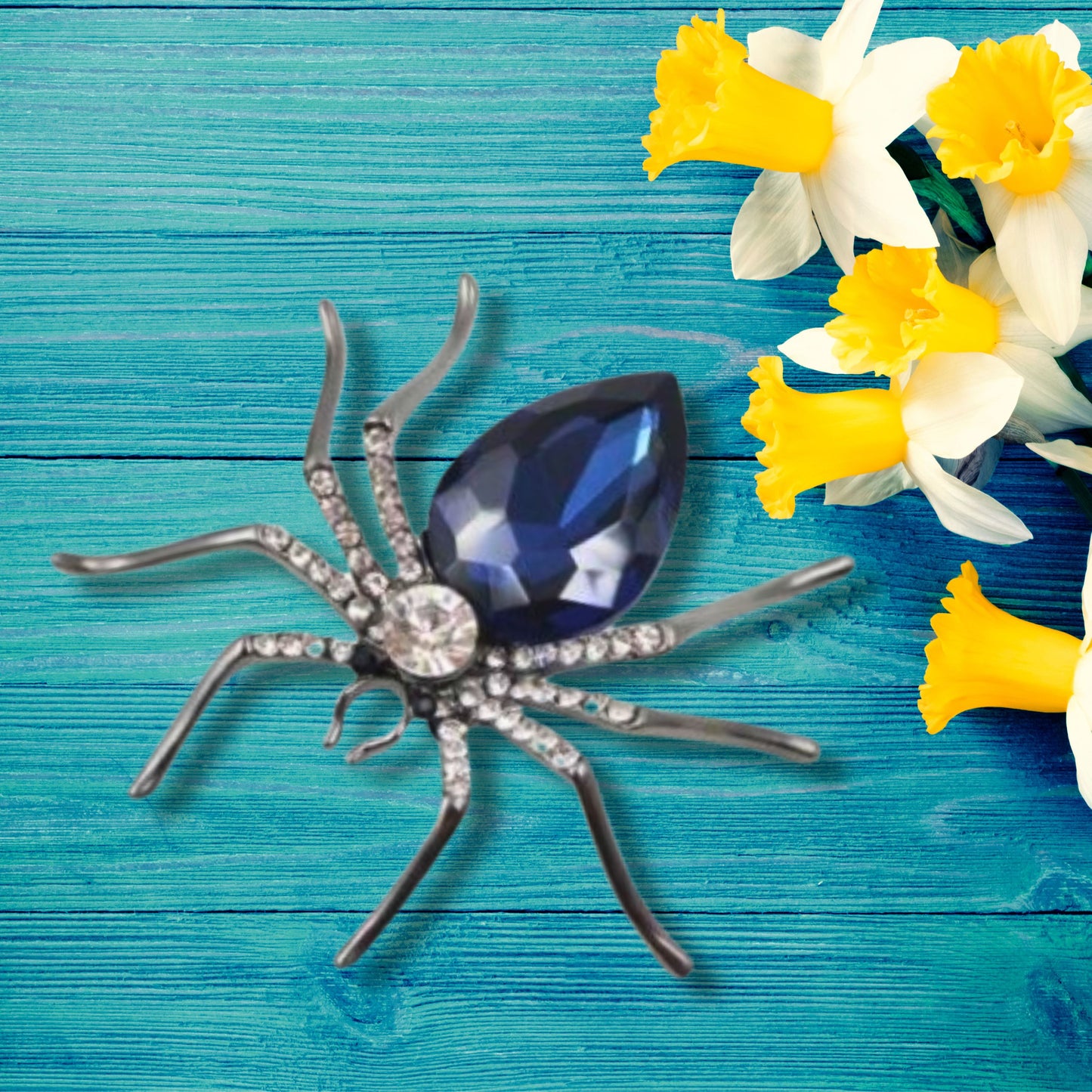 Blue Rhinestone Spider Statement Brooch