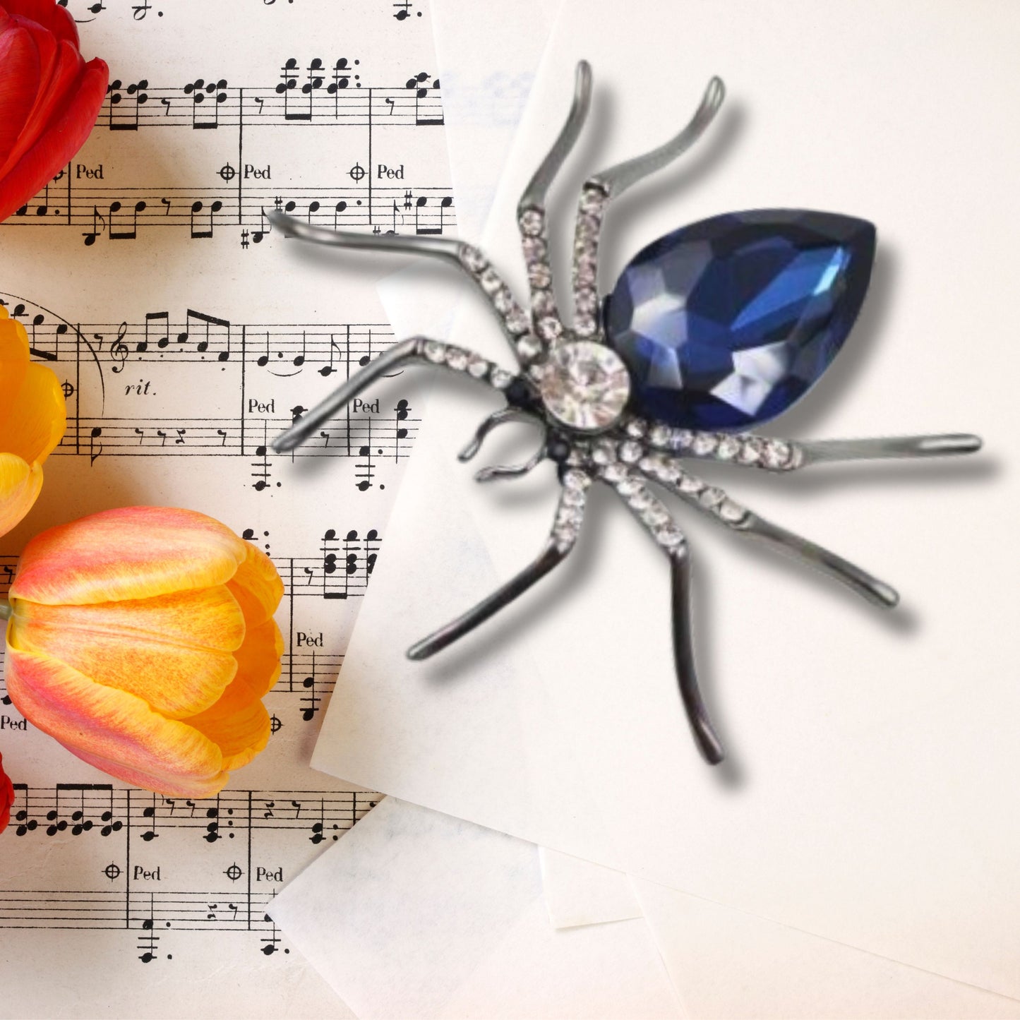 Blue Rhinestone Spider Statement Brooch
