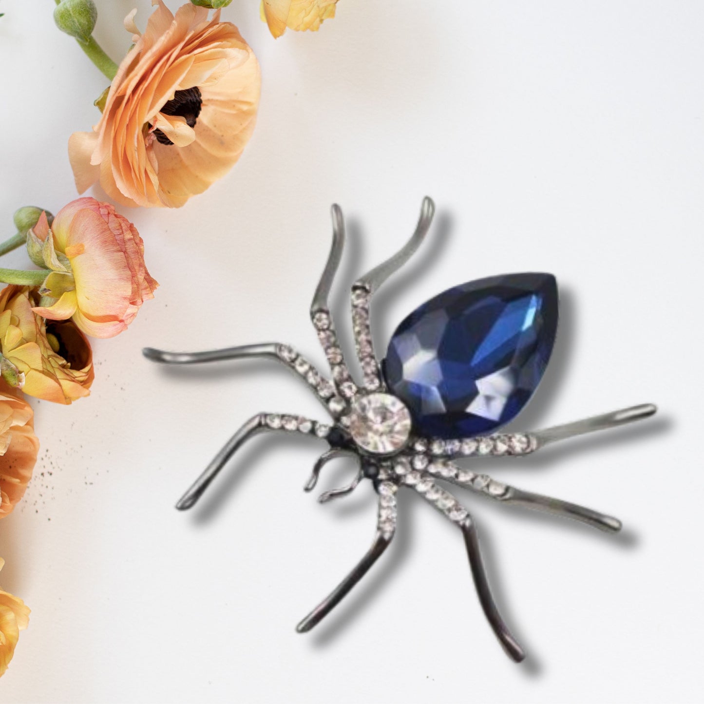 Blue Rhinestone Spider Statement Brooch