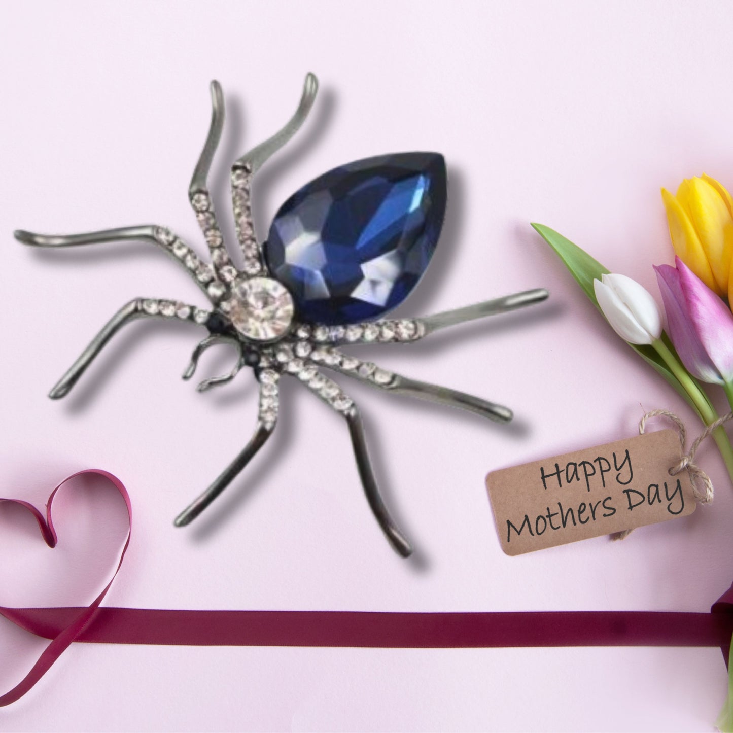 Blue Rhinestone Spider Statement Brooch