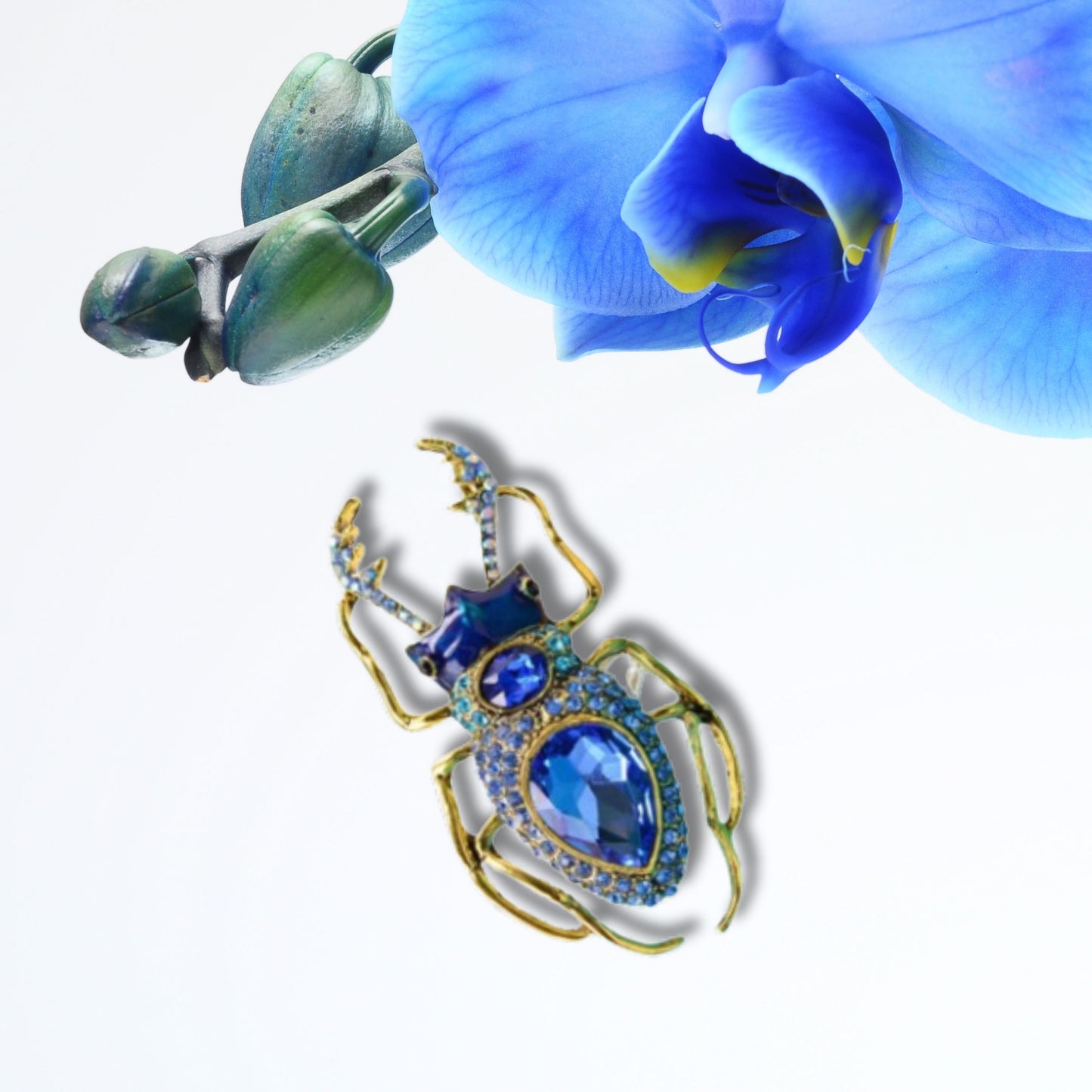 Blue Rhinestone Beetle Brooch