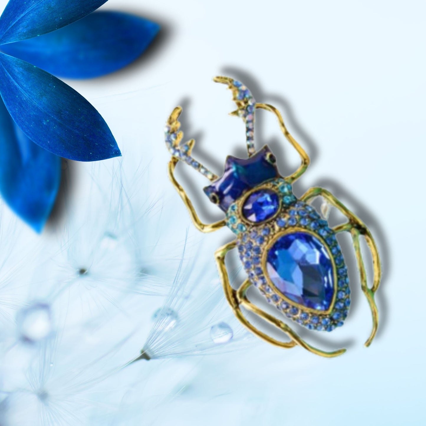 Blue Rhinestone Beetle Brooch
