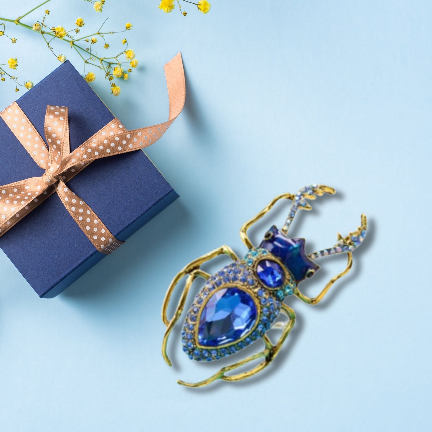 Blue Rhinestone Beetle Brooch