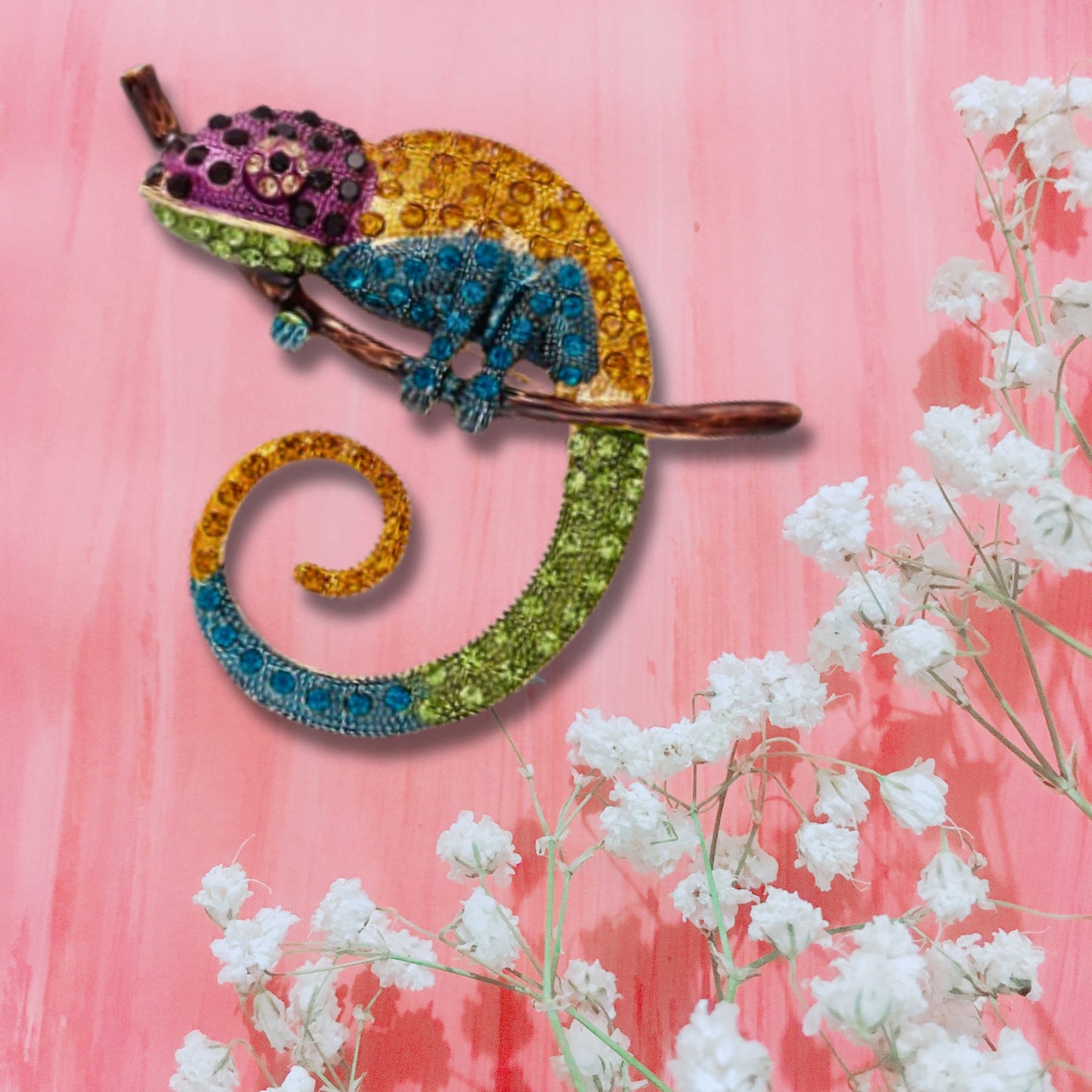 Orange Chameleon Rhinestone Statement Brooch