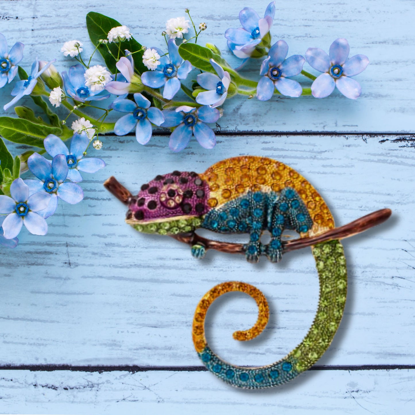 Orange Chameleon Rhinestone Statement Brooch