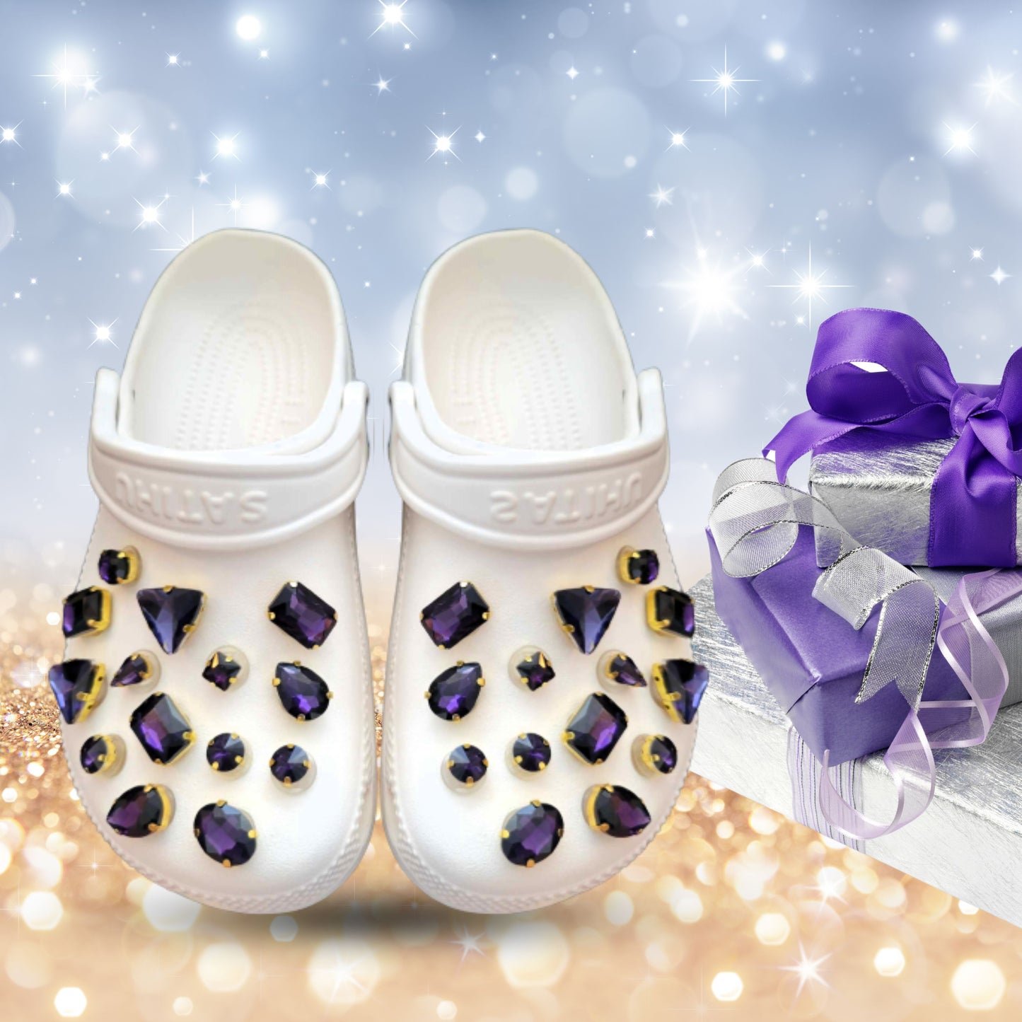Crocs Charms Gold Claw Dark Purple Glass Rhinestone Shoe Charms