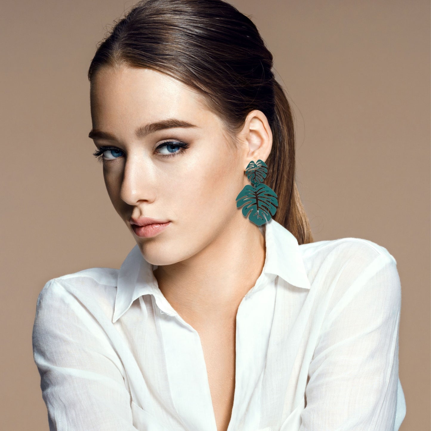 Teal Tropical Leaves Earrings
