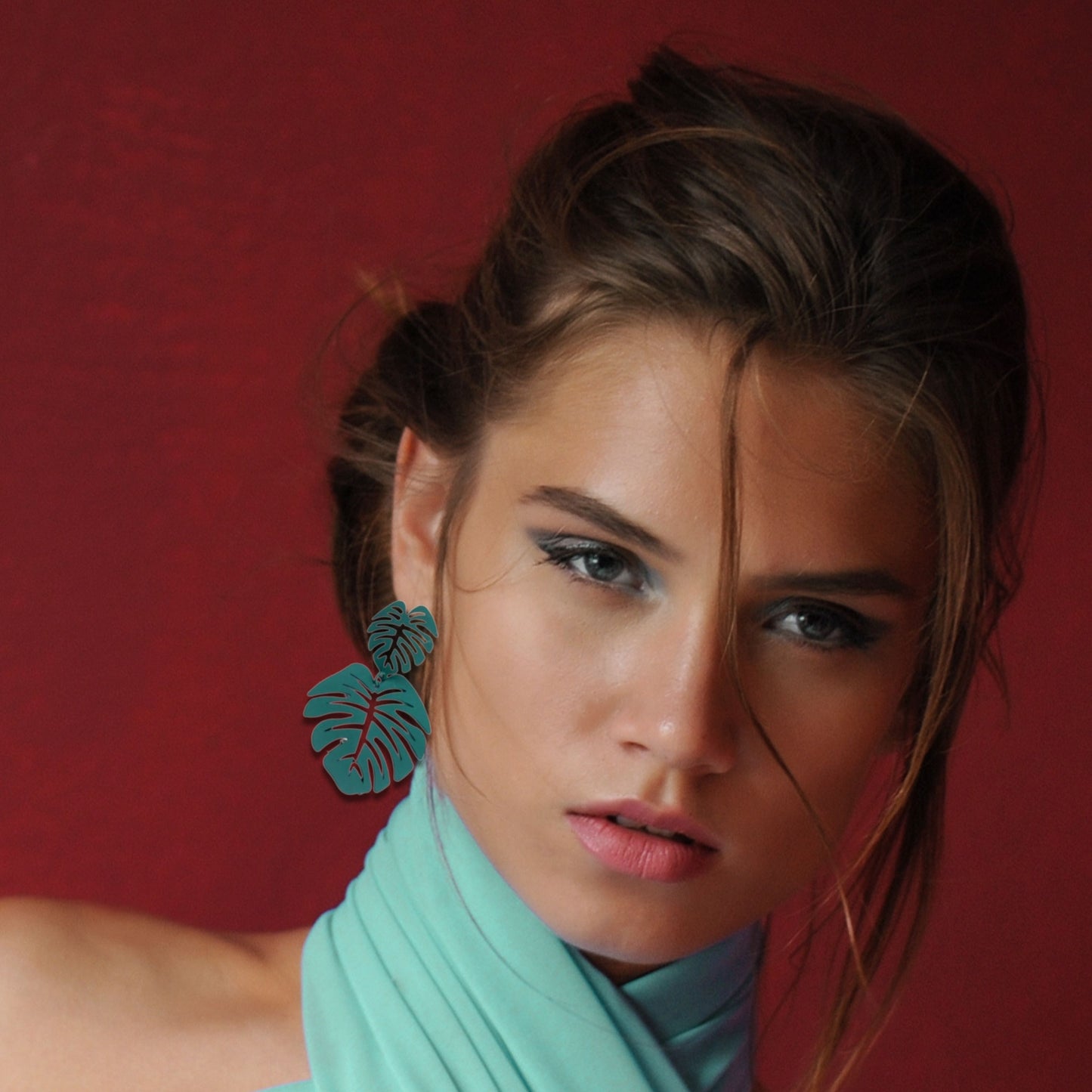 Teal Tropical Leaves Earrings