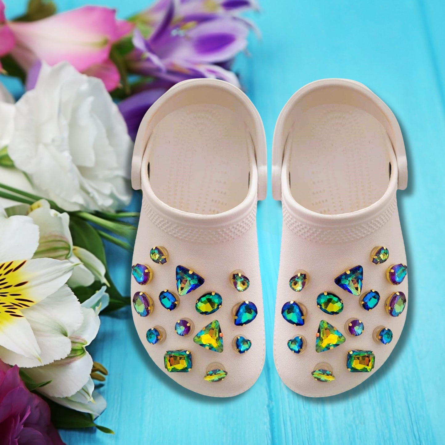 Crocs Charms Gold Claw Blue Purple Peacock Glass Rhinestone Shoe Charms