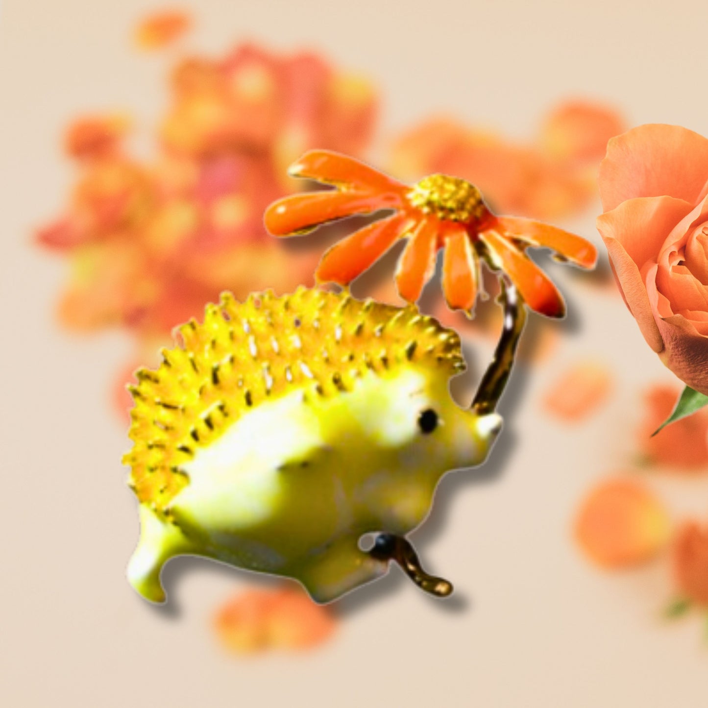 Yellow Hedgehog Orange Daisy Metal Brooch
