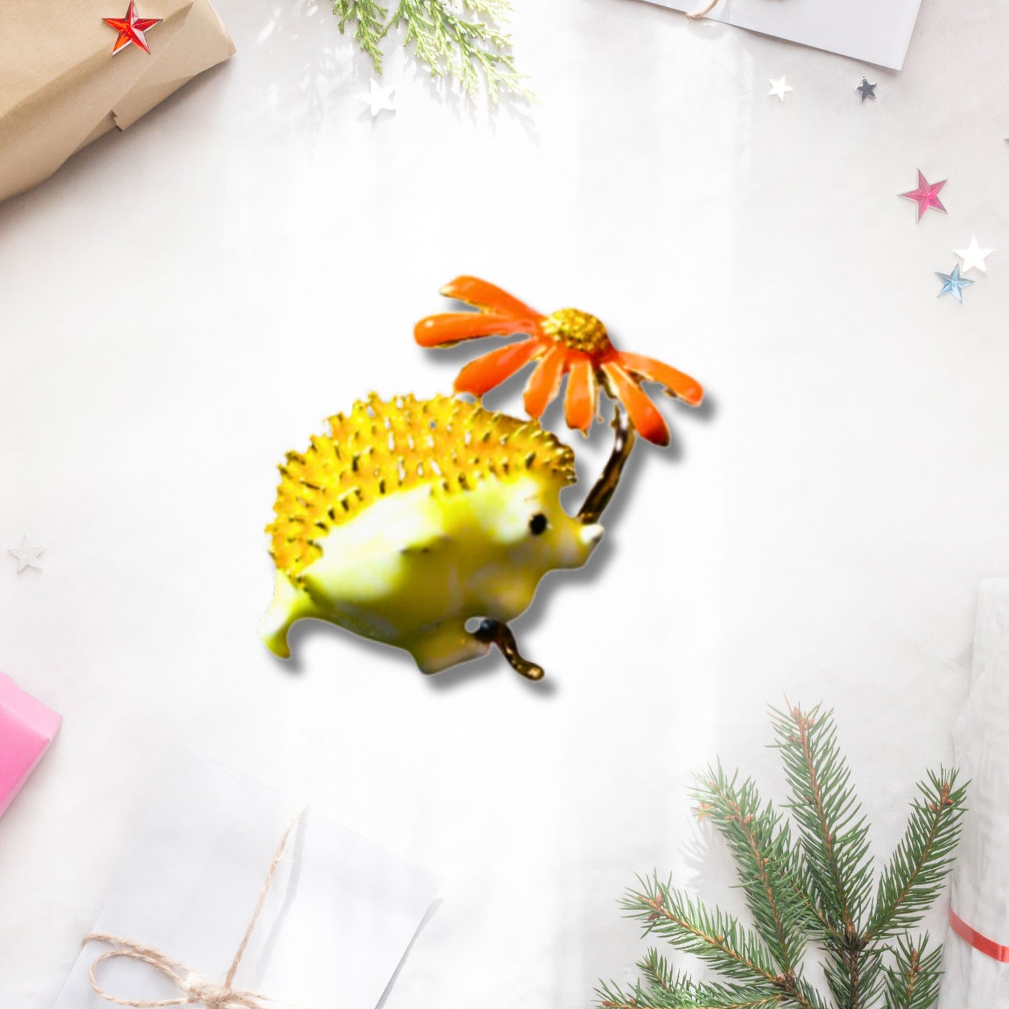 Yellow Hedgehog Orange Daisy Metal Brooch
