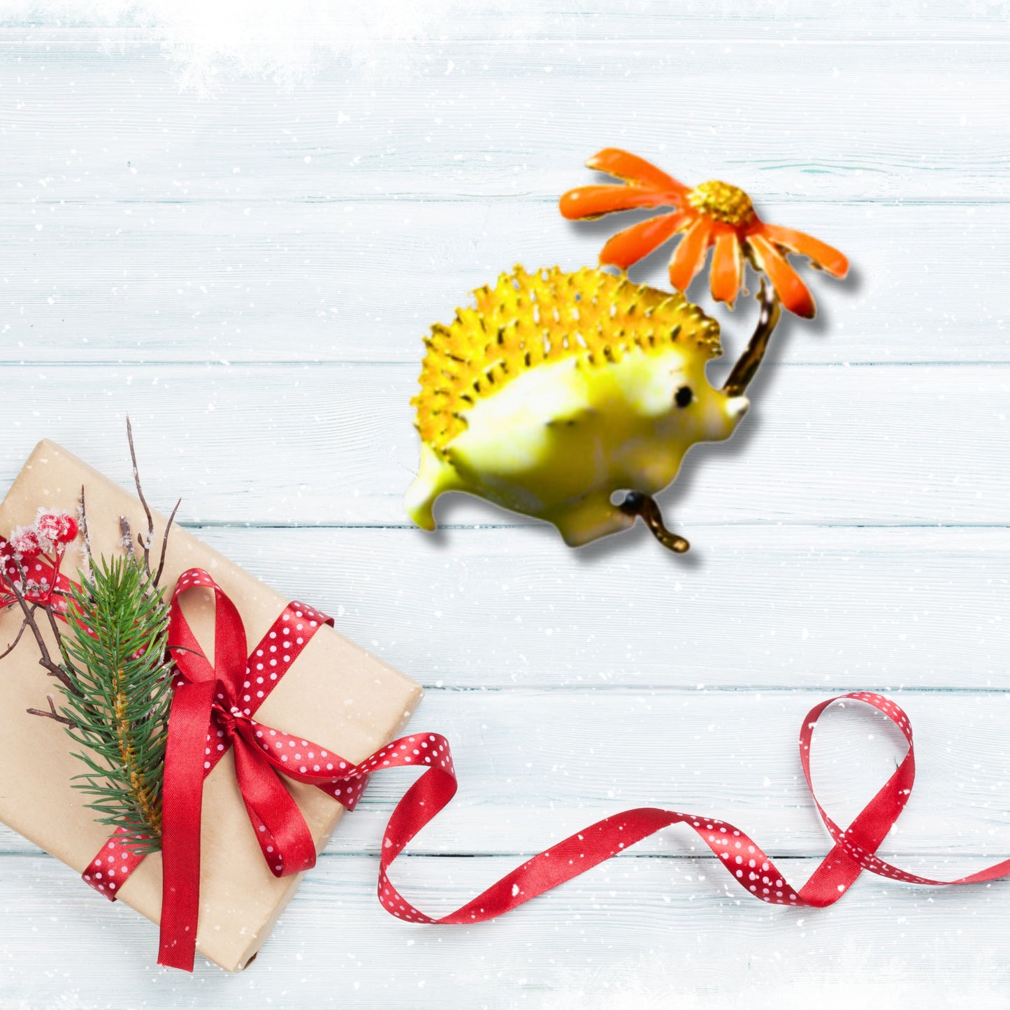 Yellow Hedgehog Orange Daisy Metal Brooch