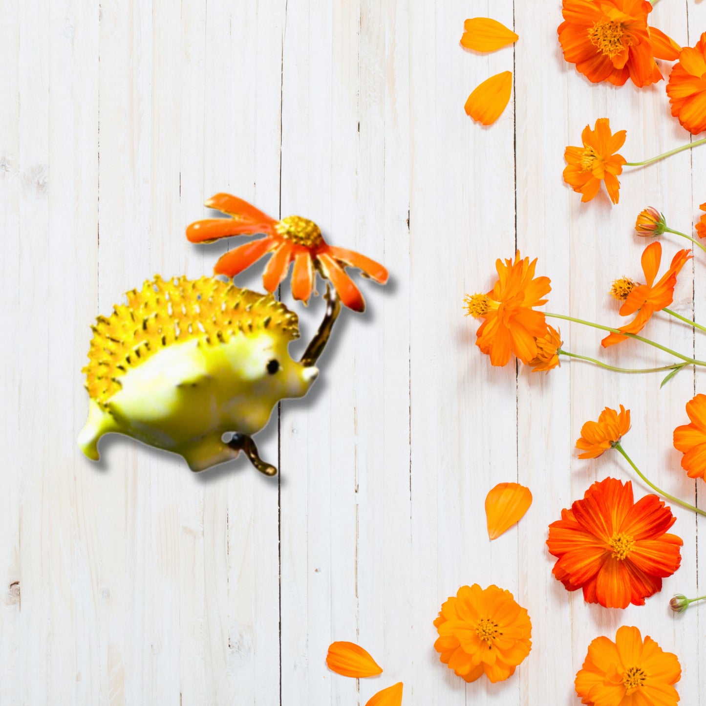Yellow Hedgehog Orange Daisy Metal Brooch