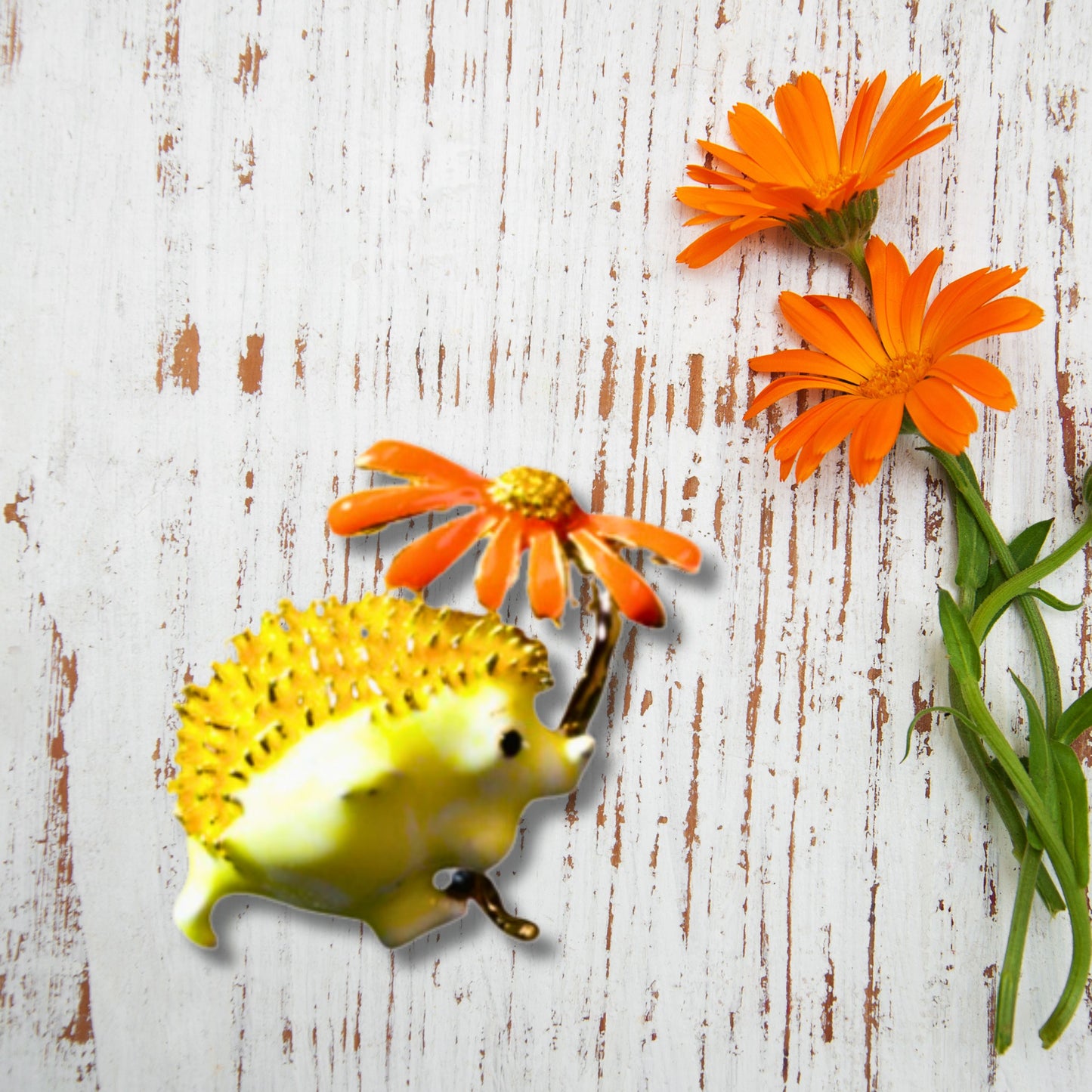 Yellow Hedgehog Orange Daisy Metal Brooch