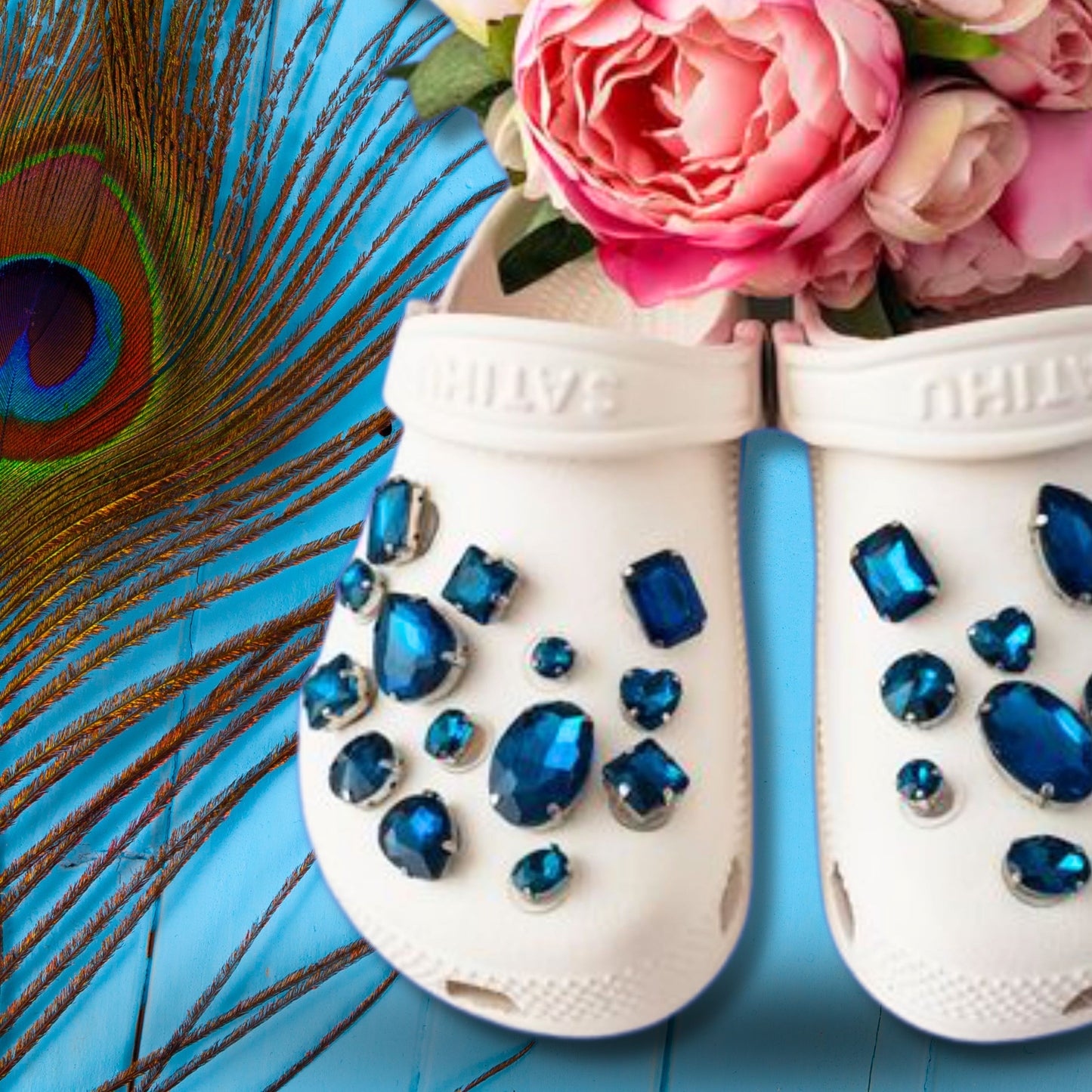 Crocs Charms Peacock Blue Glass Rhinestone Shoe Charms
