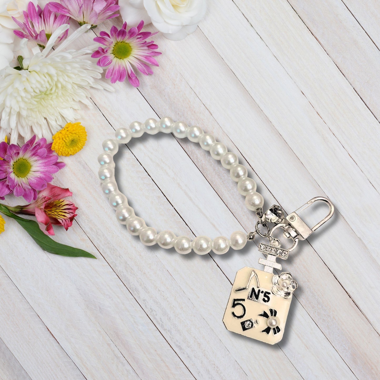 Silver Pearls Perfume Wristlet Keychain