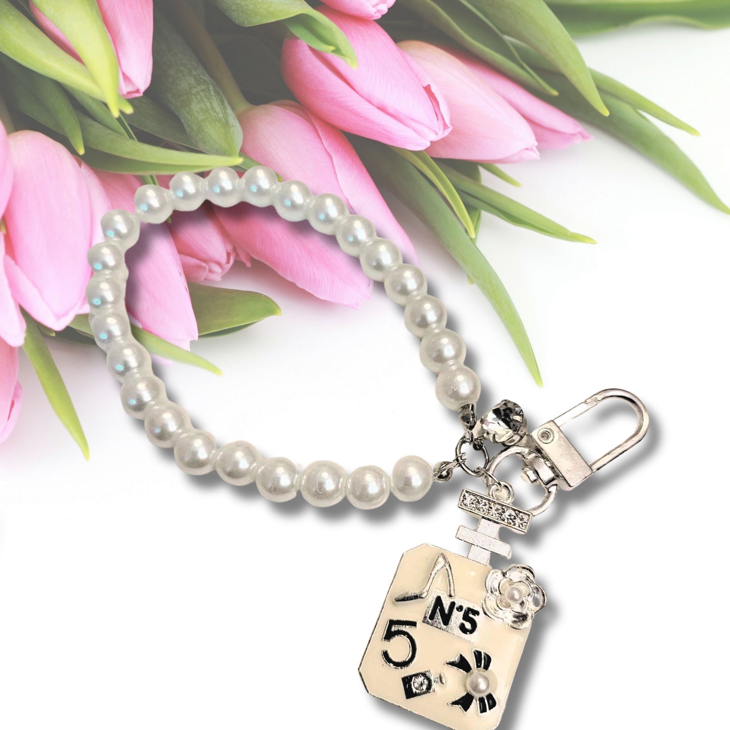 Silver Pearls Perfume Wristlet Keychain