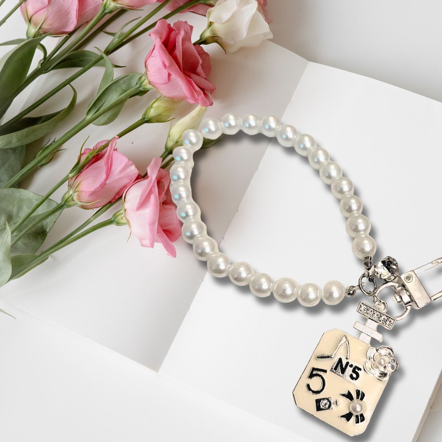 Silver Pearls Perfume Wristlet Keychain