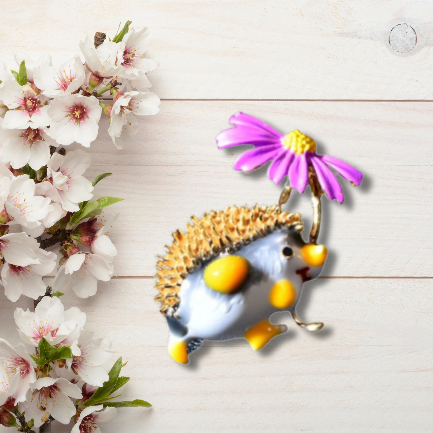 Yellow Hedgehog With Purple Daisy Metal Brooch