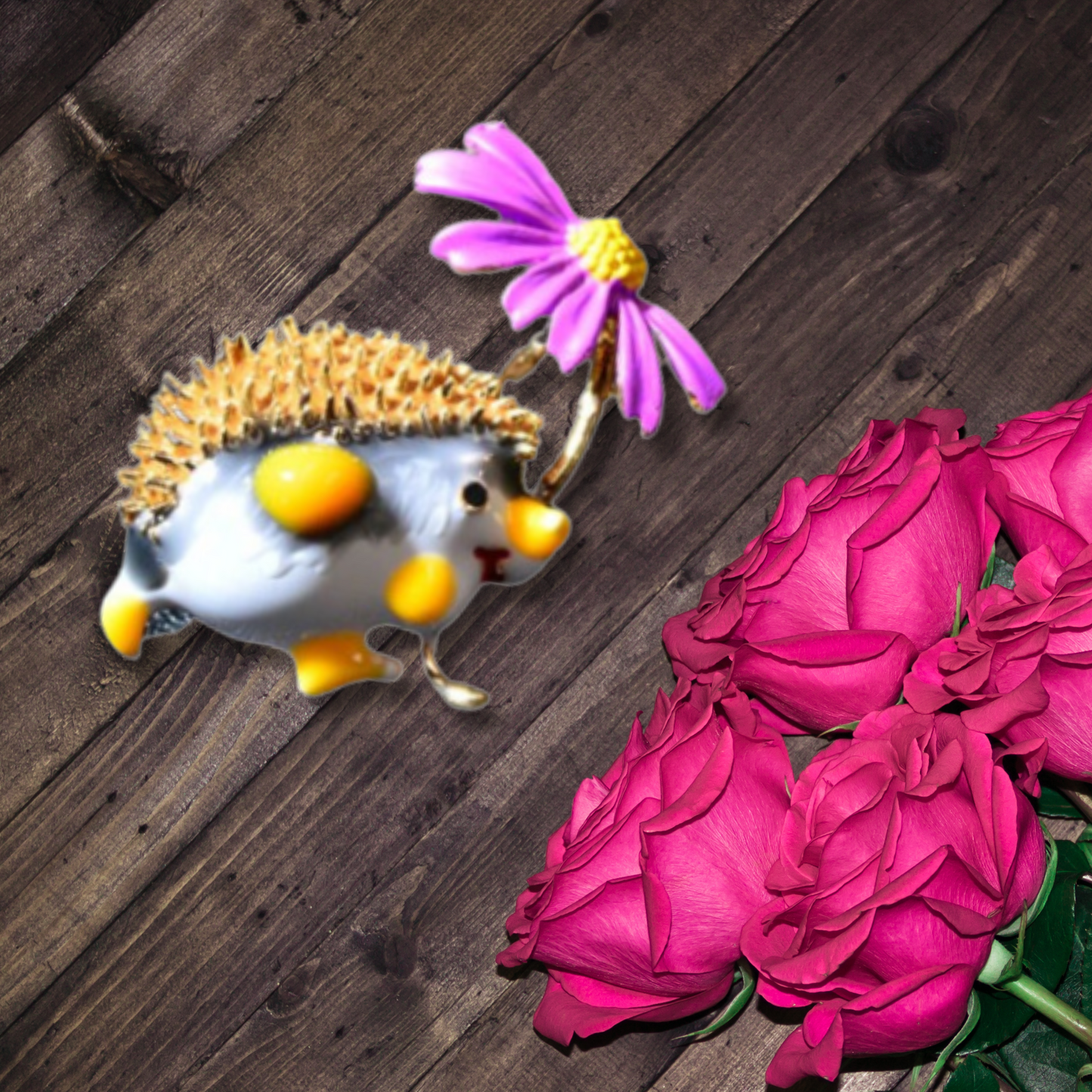 Yellow Hedgehog With Purple Daisy Metal Brooch