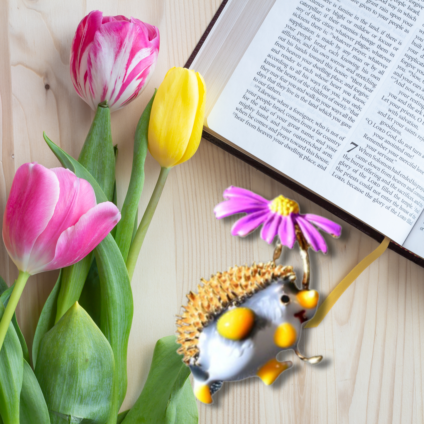Yellow Hedgehog With Purple Daisy Metal Brooch