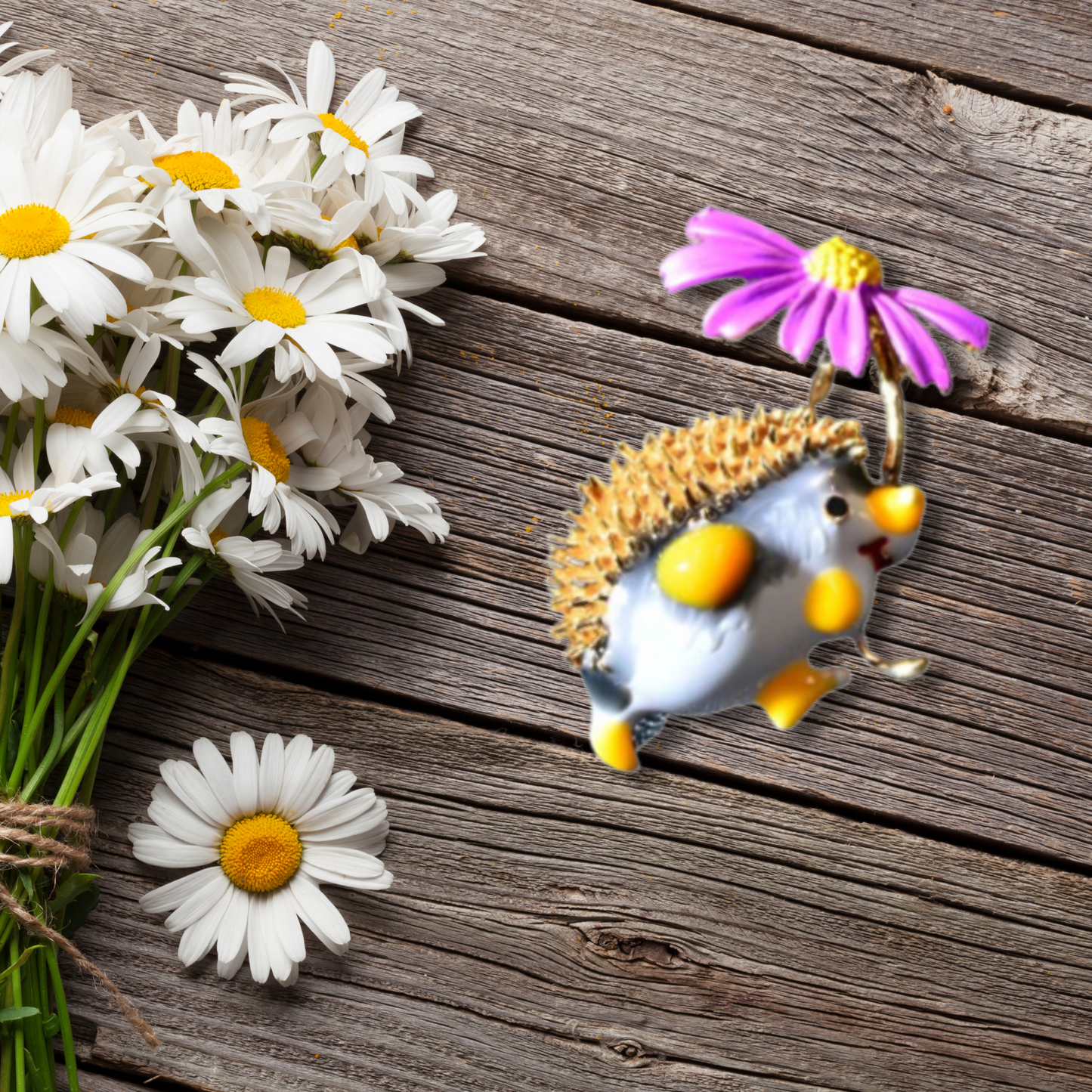 Yellow Hedgehog With Purple Daisy Metal Brooch