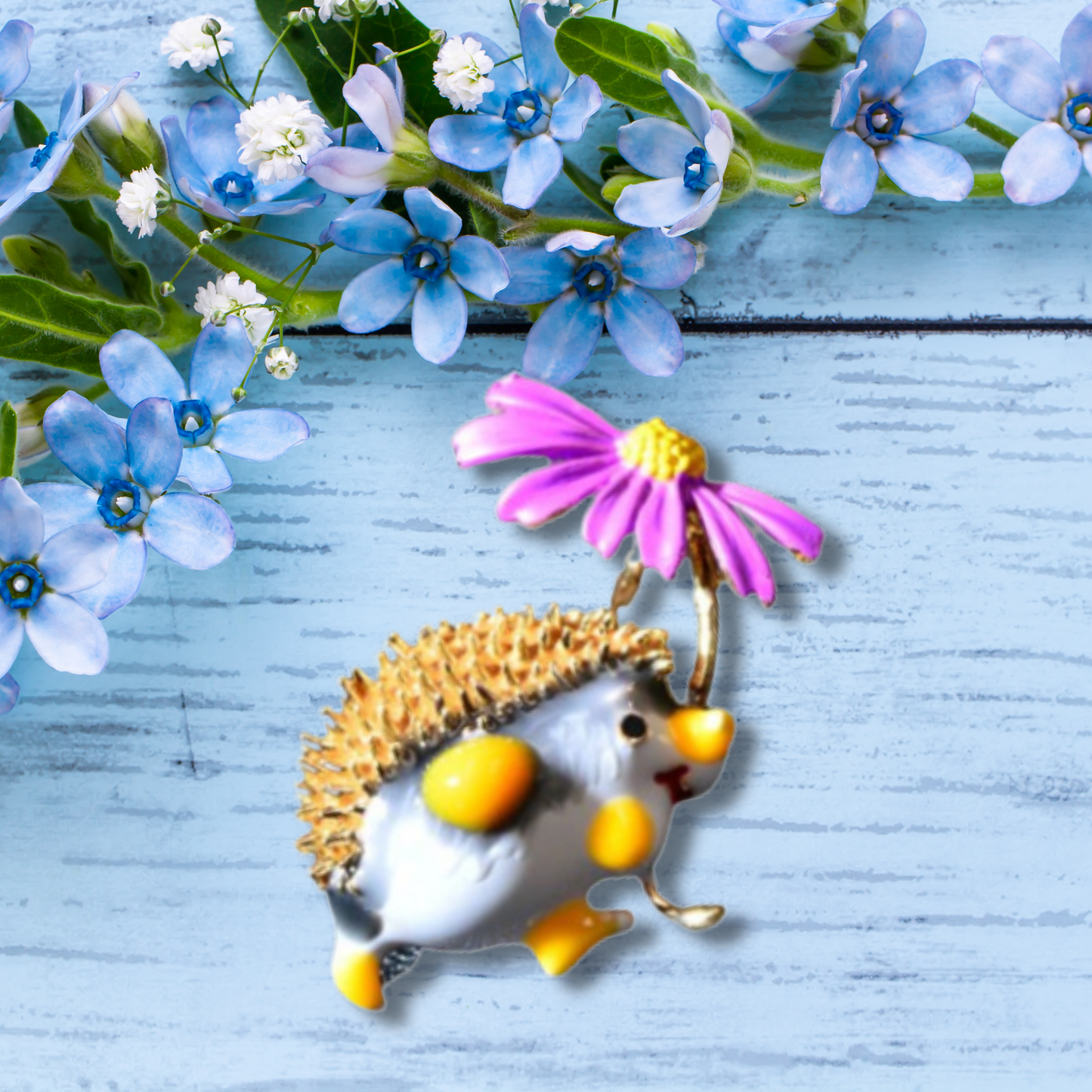 Yellow Hedgehog With Purple Daisy Metal Brooch