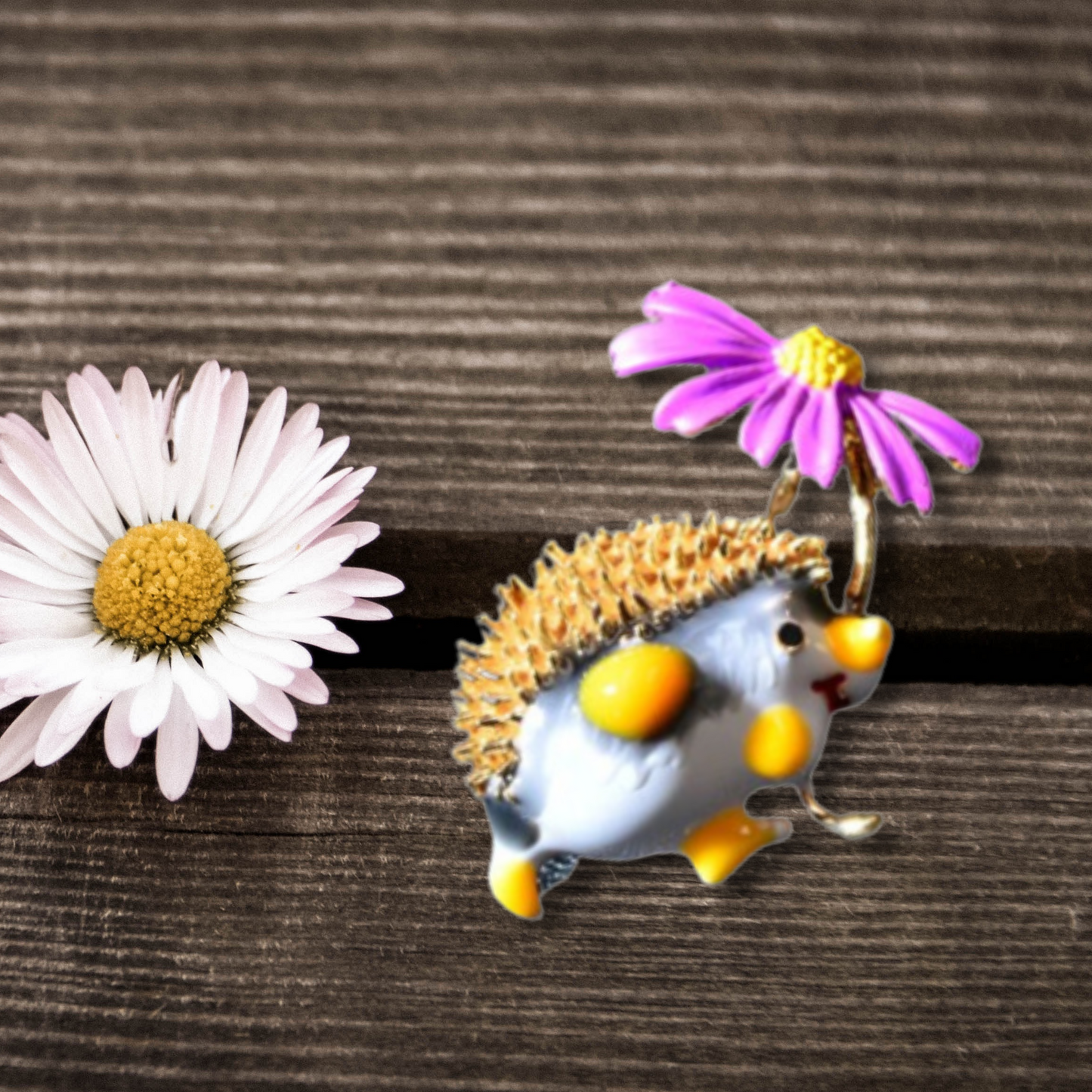 Yellow Hedgehog With Purple Daisy Metal Brooch