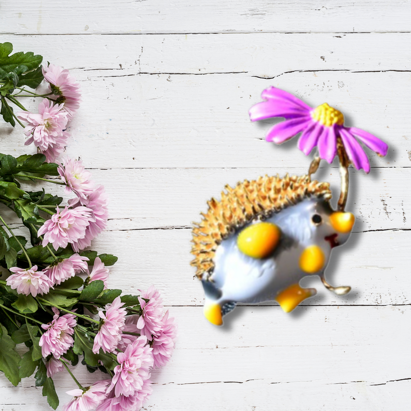 Yellow Hedgehog With Purple Daisy Metal Brooch