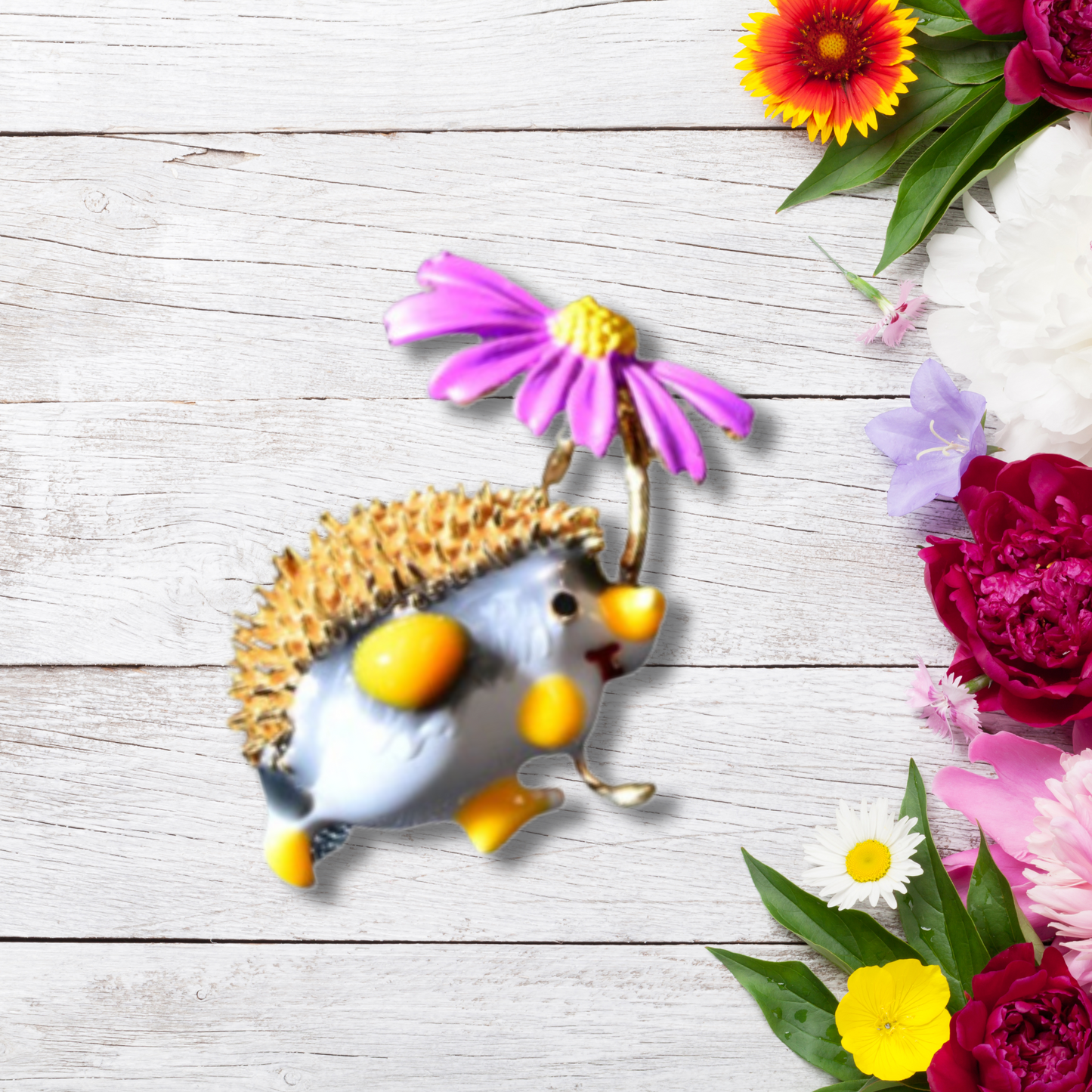 Yellow Hedgehog With Purple Daisy Metal Brooch