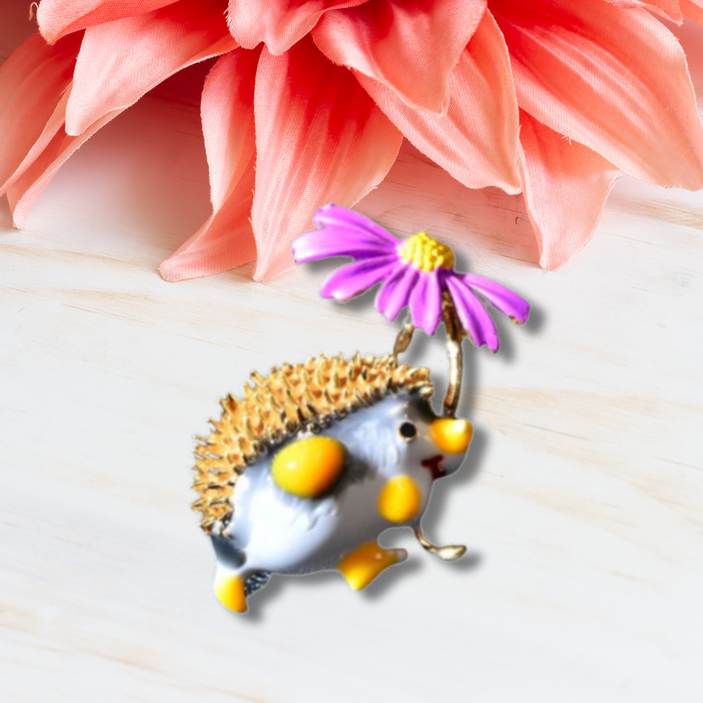Yellow Hedgehog With Purple Daisy Metal Brooch