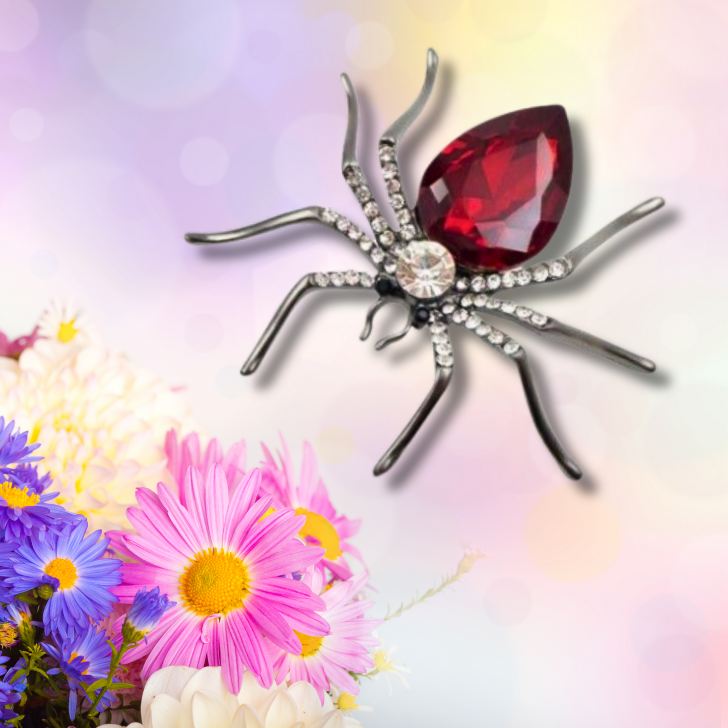 Red Rhinestone Spider Statement Brooch