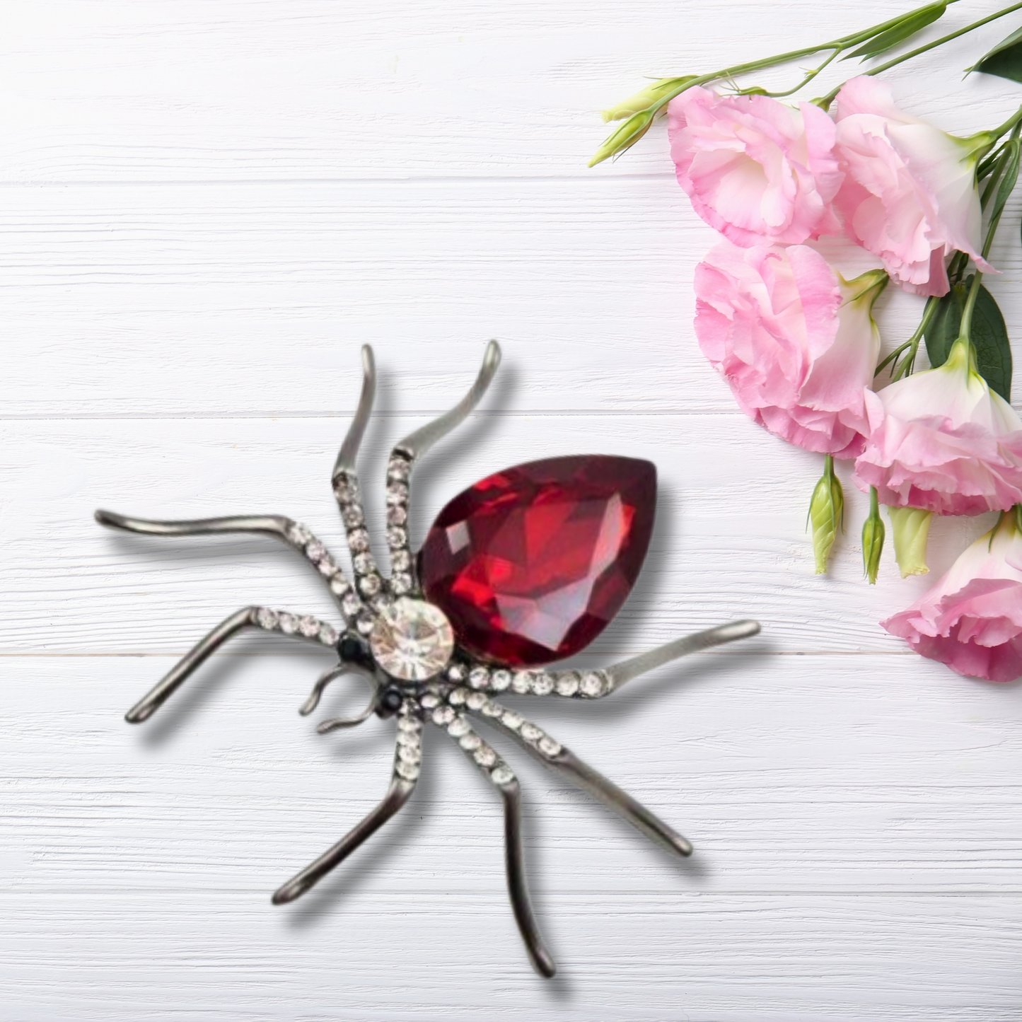 Red Rhinestone Spider Statement Brooch
