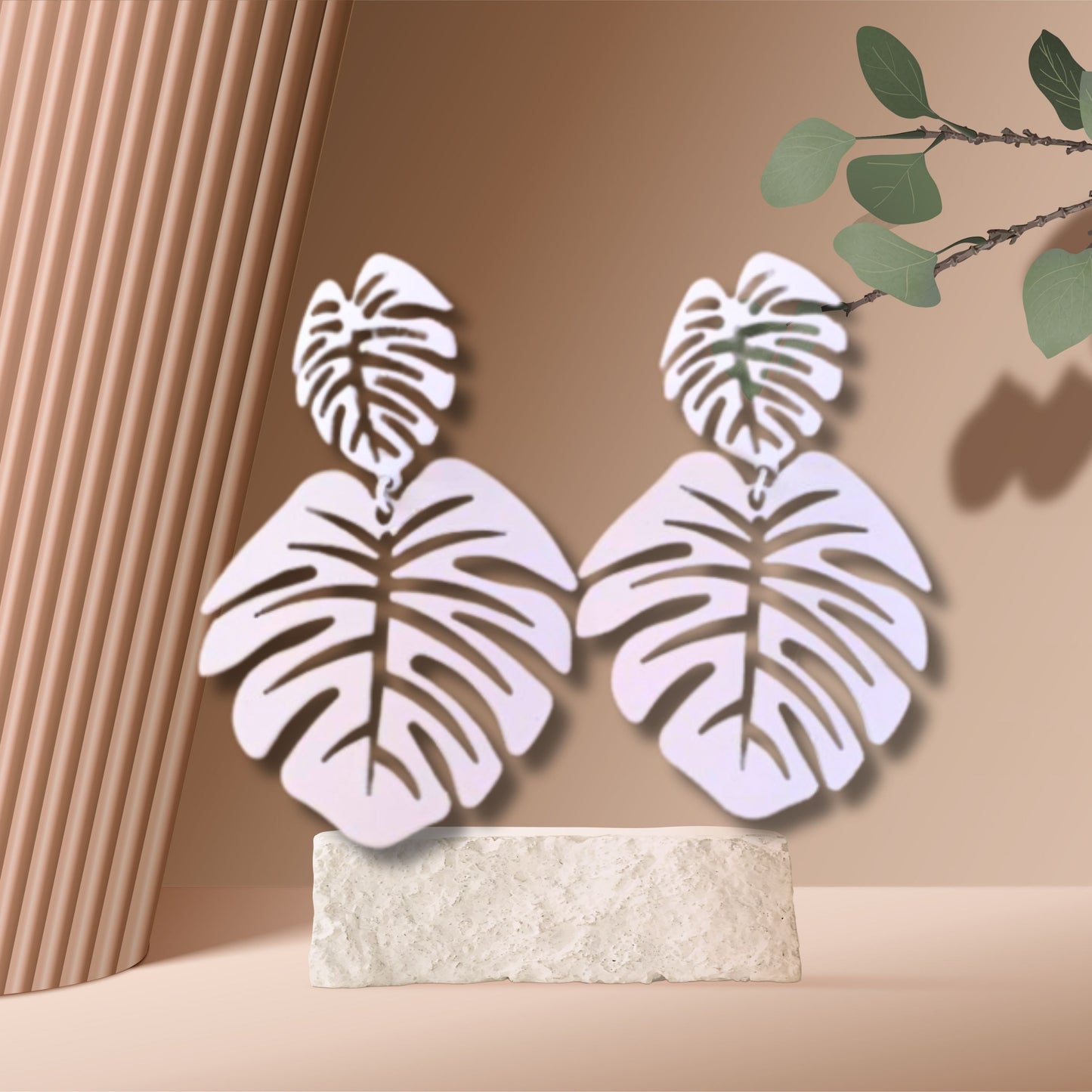 White Tropical Leaves Earrings