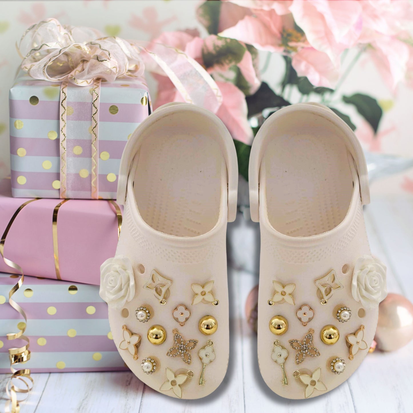 Luxury White & Gold Rhinestone Shoe Charms