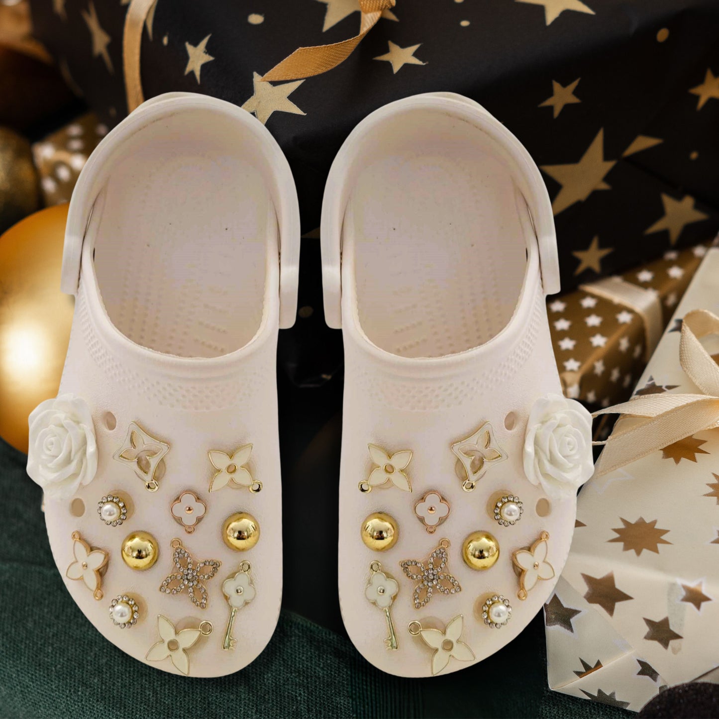 Luxury White & Gold Rhinestone Shoe Charms