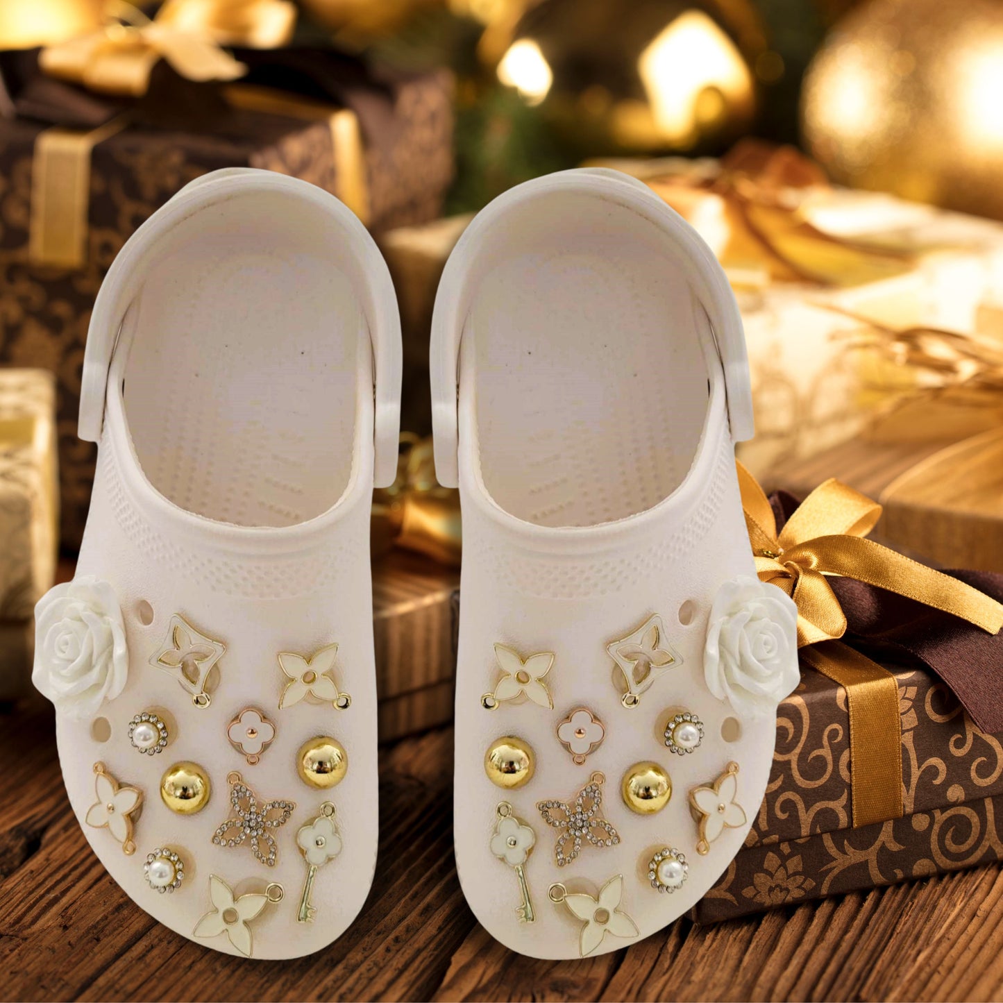 Luxury White & Gold Rhinestone Shoe Charms