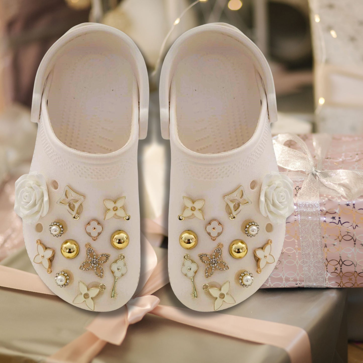 Luxury White & Gold Rhinestone Shoe Charms